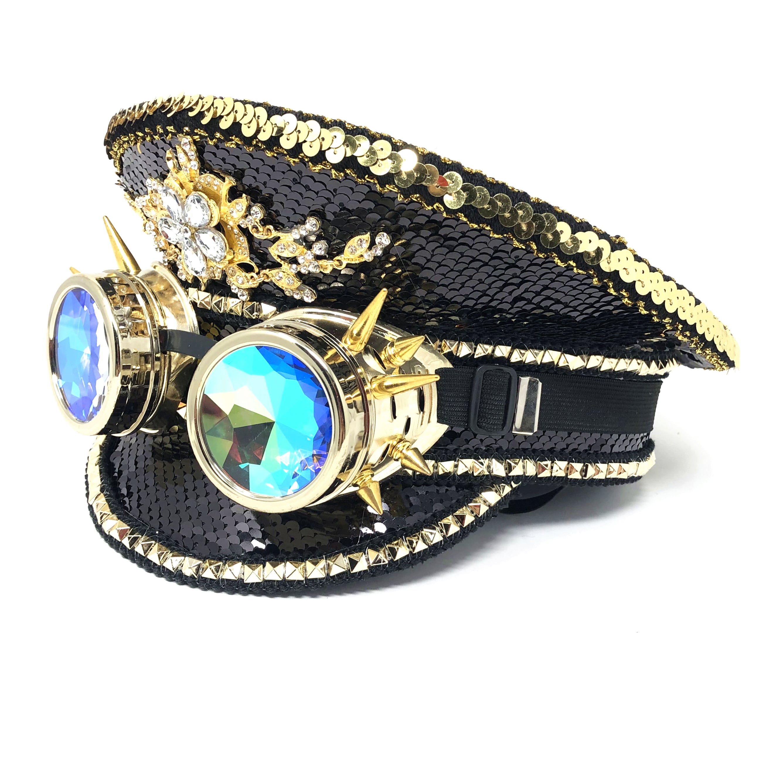 RAVE Captain Style Luxury Women Rhinestone Sequin Top Hat With Goggle For Christmas Costume Cosplay