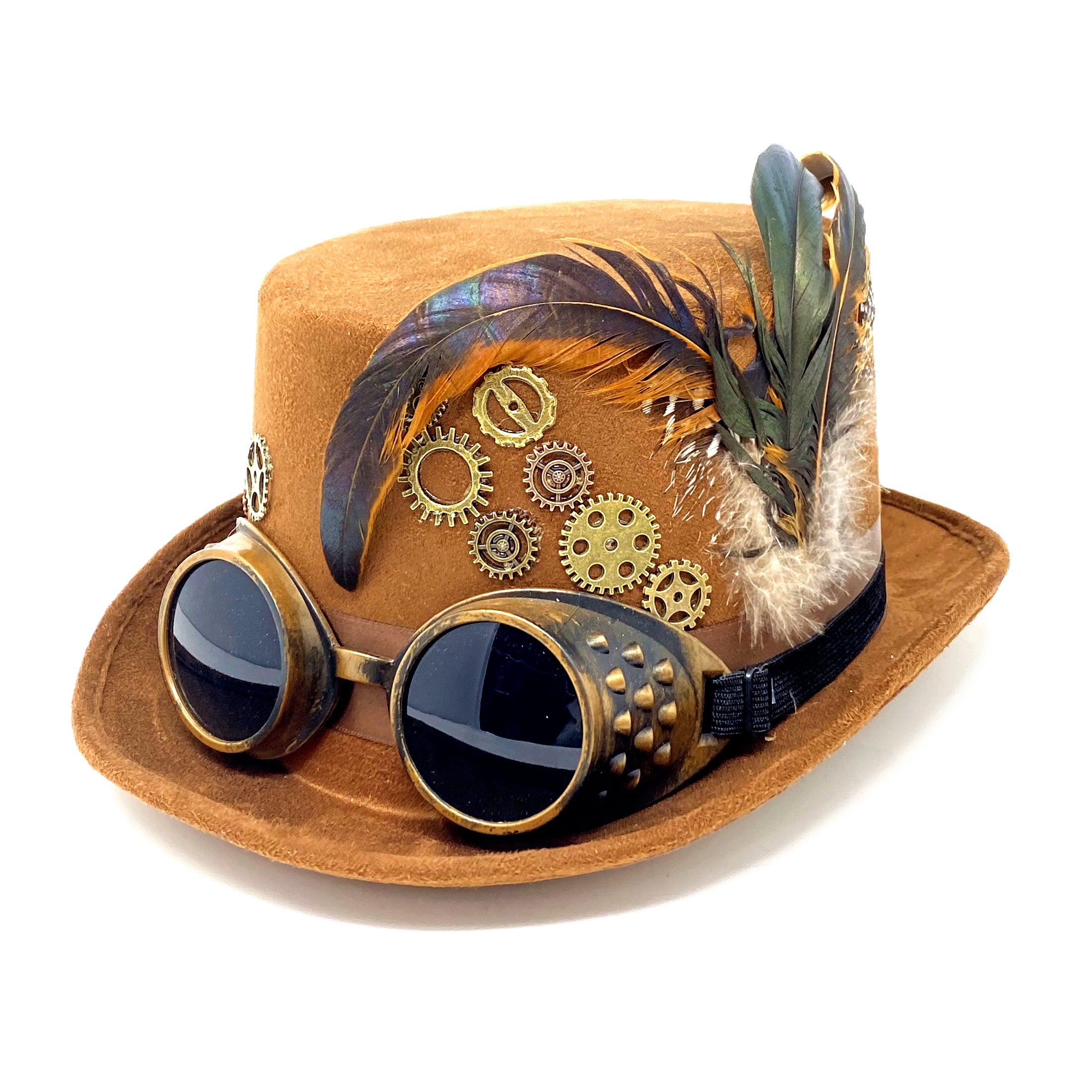 Brown Steampunk Victorian Mad Hatter Scientist Time Traveler Top Hat with Goggles For Halloween