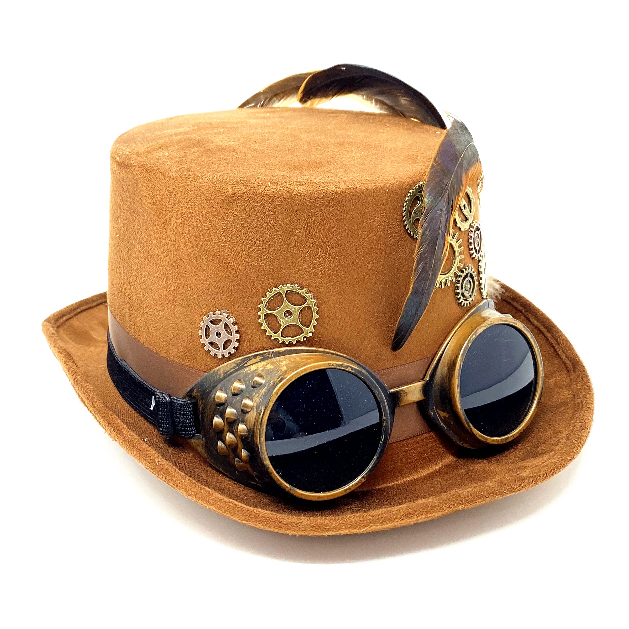 Brown Steampunk Victorian Mad Hatter Scientist Time Traveler Top Hat with Goggles For Halloween