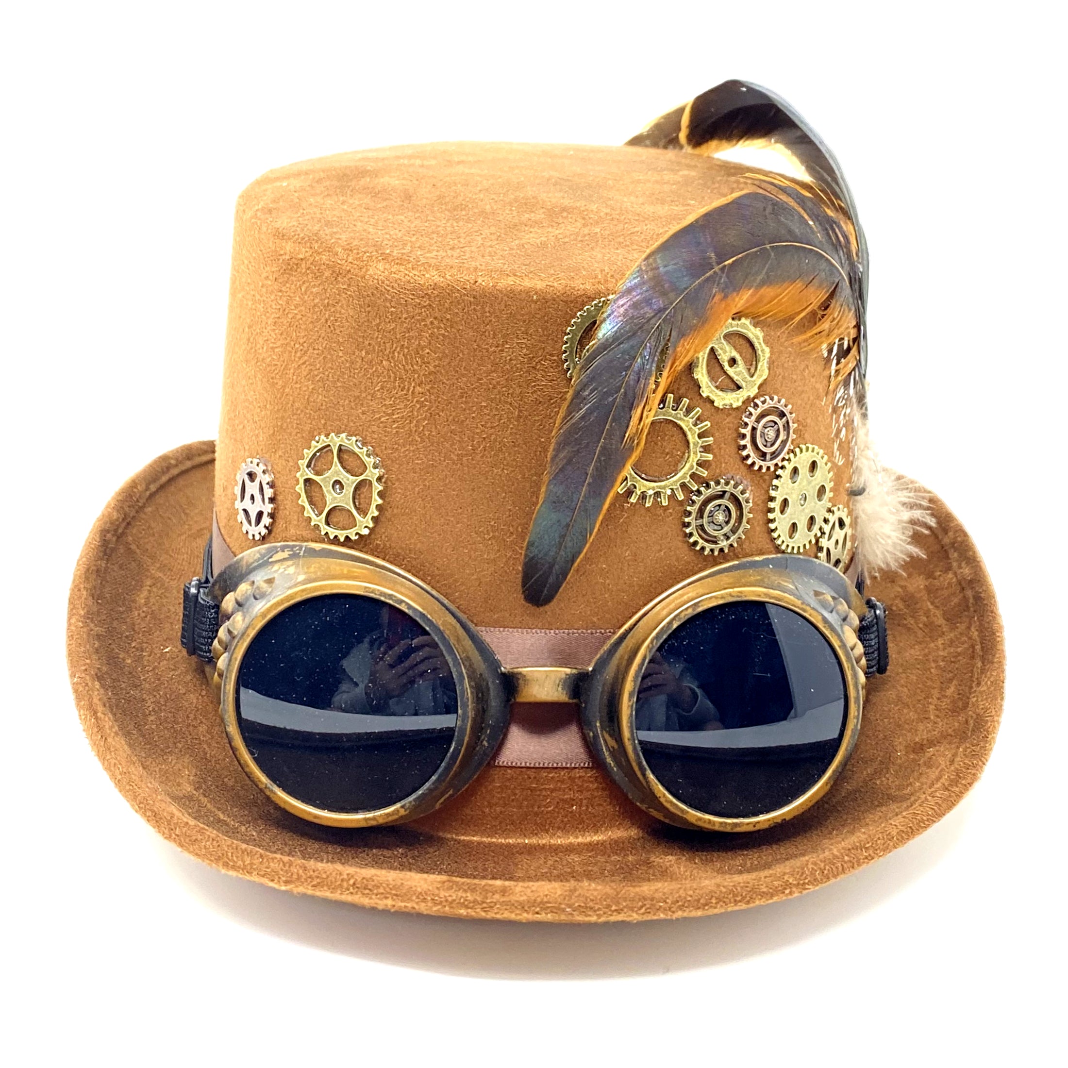 Brown Steampunk Victorian Mad Hatter Scientist Time Traveler Top Hat with Goggles For Halloween