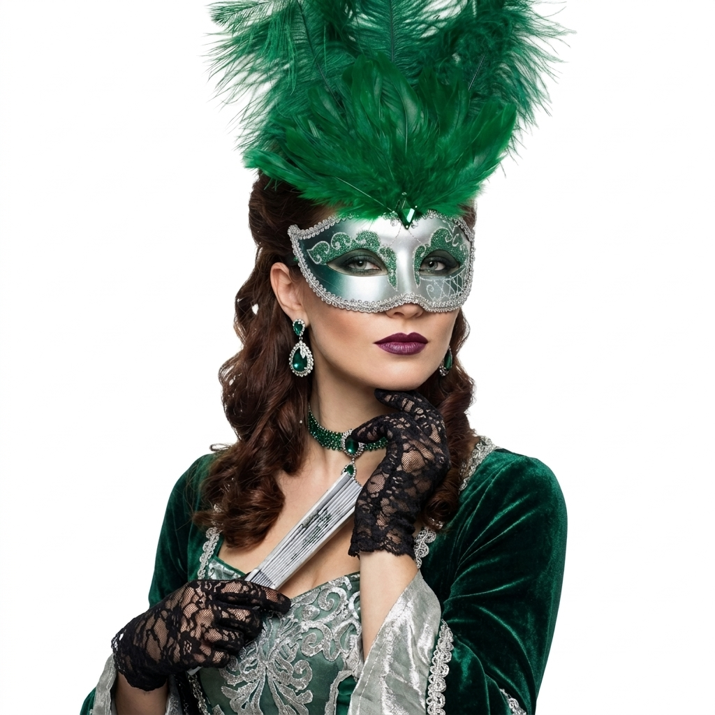 Women Feather Masquerade Party Mask For Mardi Gras , Halloween - Green & Silver