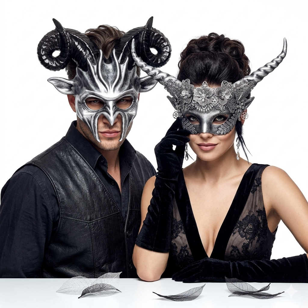 Silver Goat Horn Masquerade Party Mask For Couples