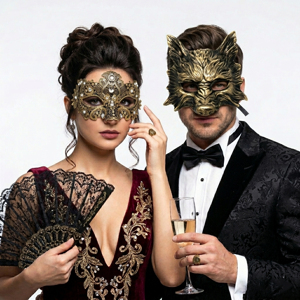 wolf couple masks - gold