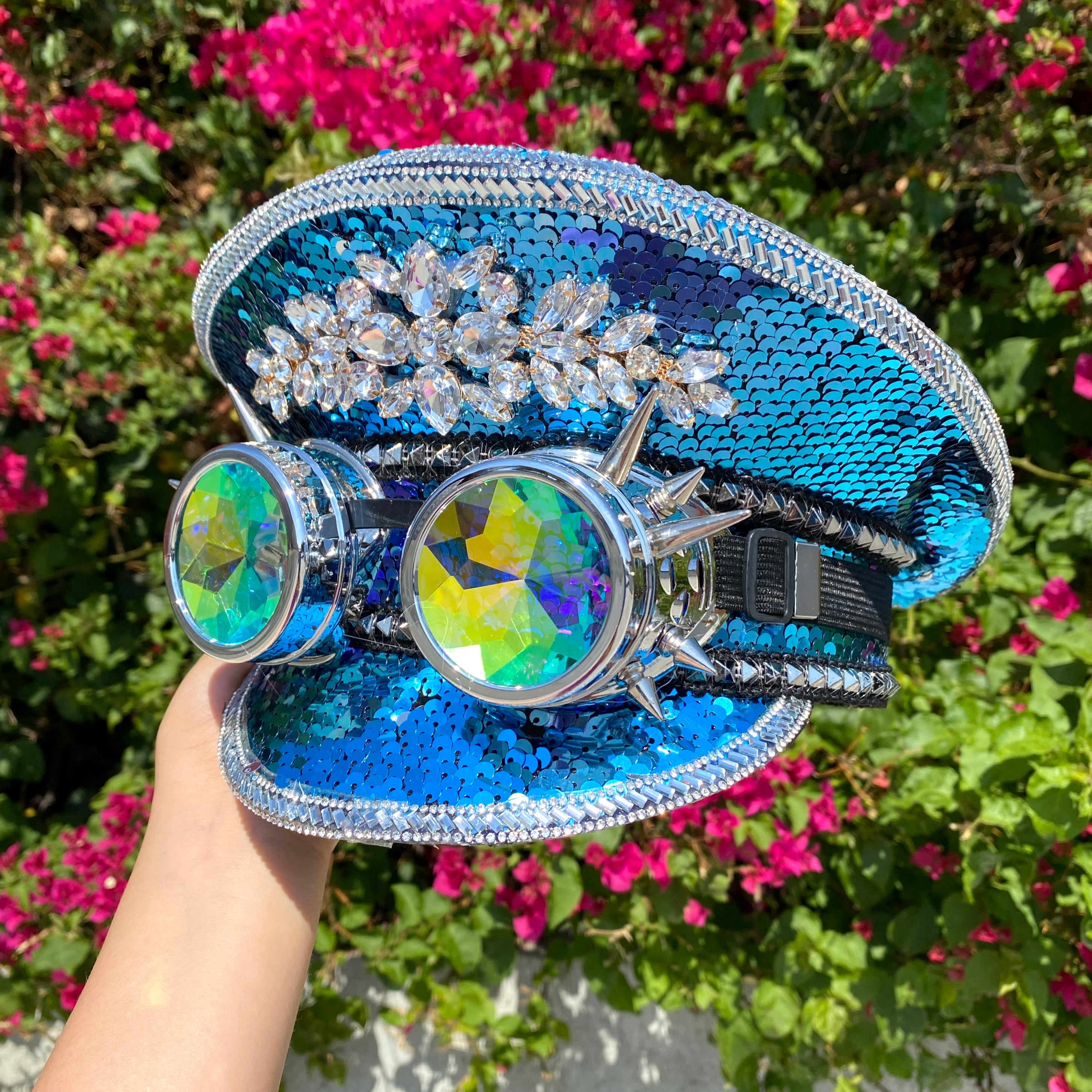 RAVE Captain Style Luxury Women Rhinestone Sequin Sparkly Concert Hat for Music Festivals