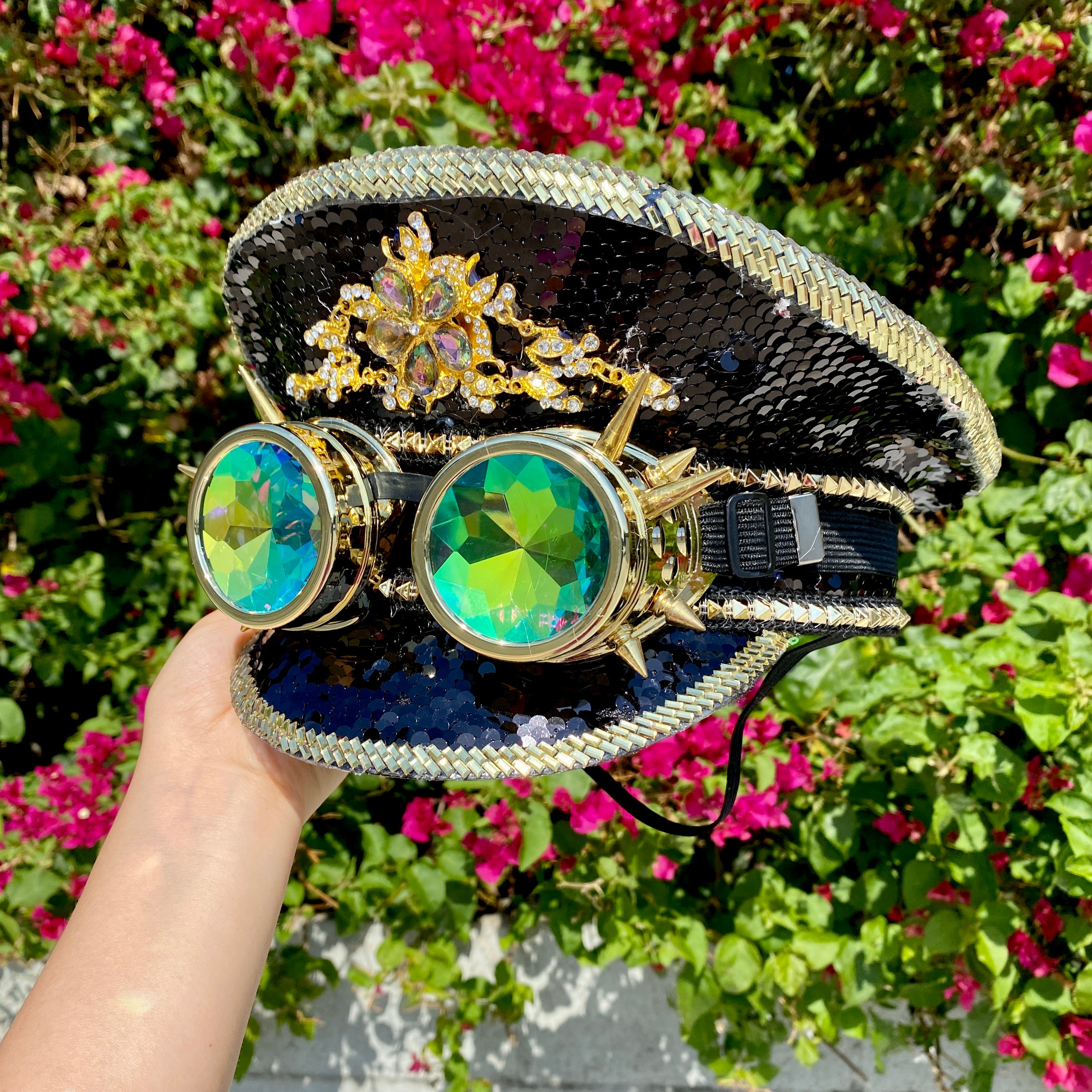 RAVE Captain Style Luxury Women Rhinestone Sequin Sparkly Concert Hat for Music Festivals