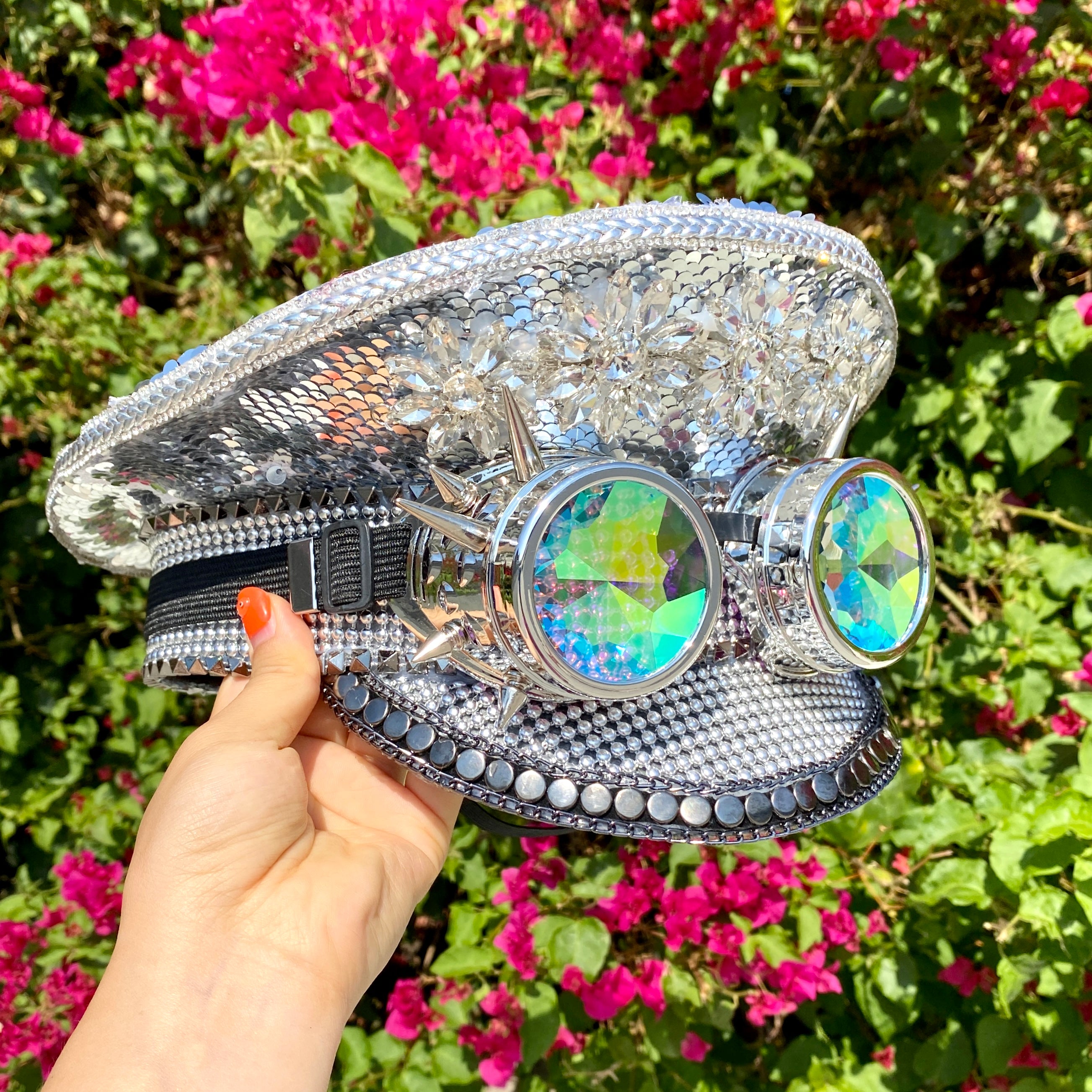 RAVE Captain Style Luxury Women Rhinestone Sequin Sparkly Concert Hat for Music Festivals