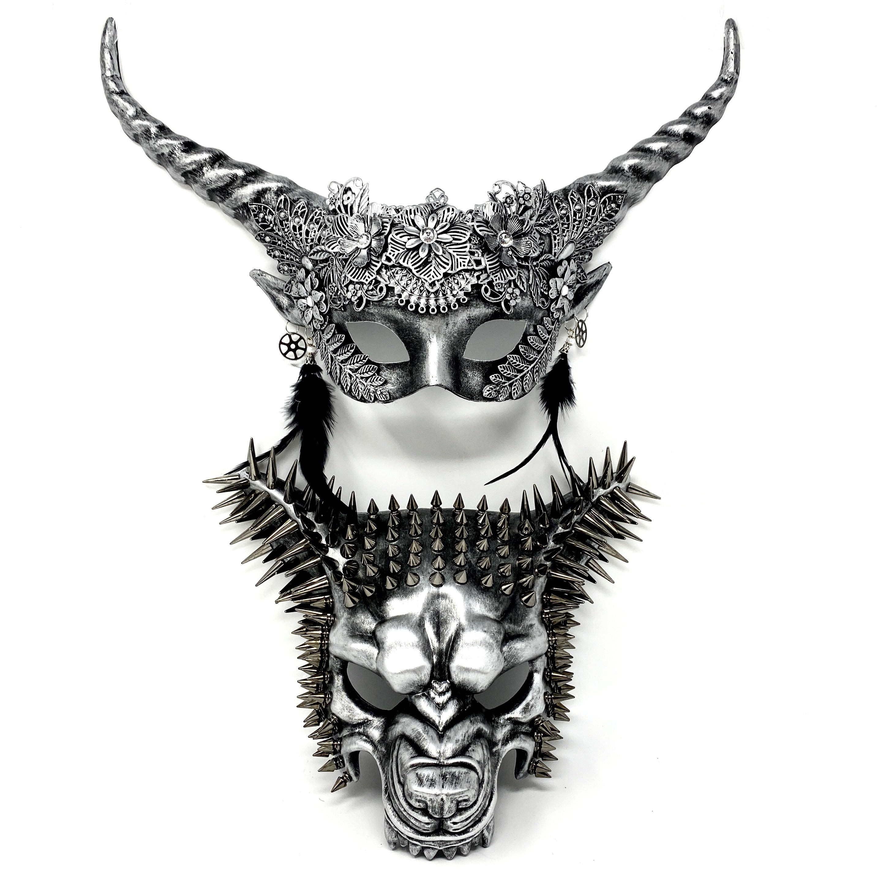 Steampunk Couples Masquerade Masks, Men Women Devil Demon Goat Horn Costume Halloween Party Mask