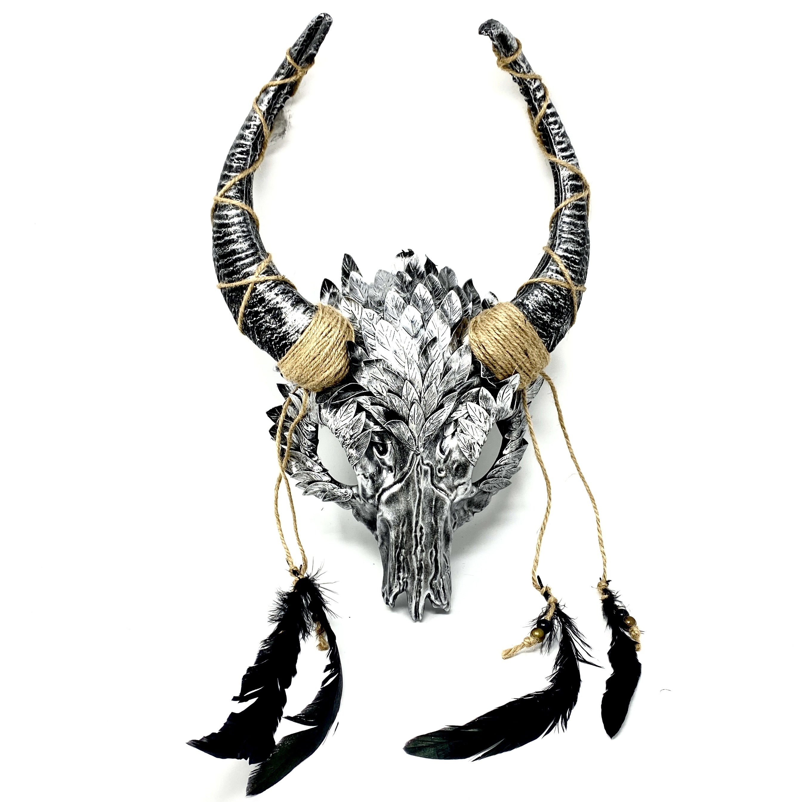 Silver Krampus Ram Goat Demon with Horns Devil Halloween Masquerade Mask, Demonic Metallic Finish Mask