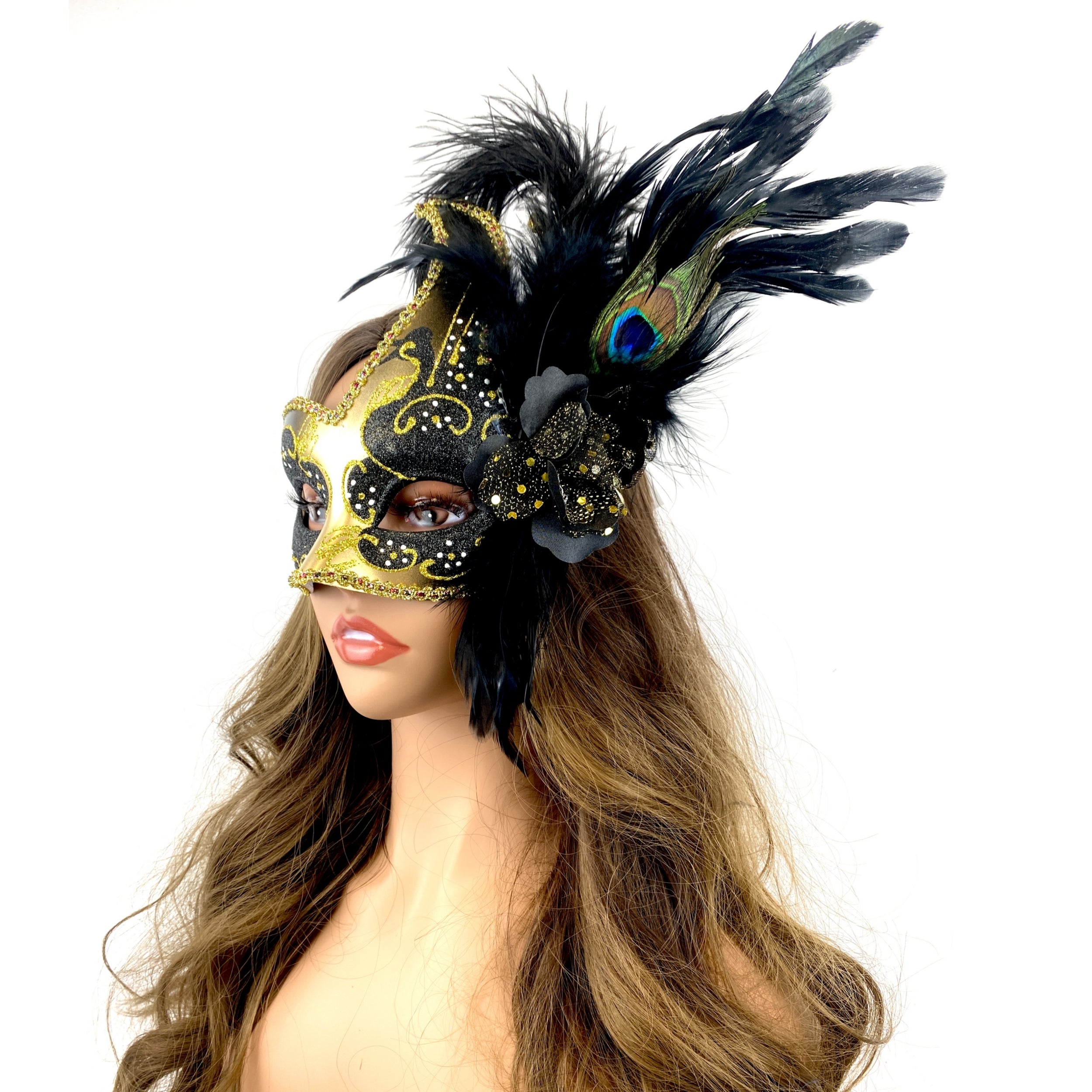 Women Venetian Feather Masquerade Mask With Stick, For Costume Party, Halloween, Christmas