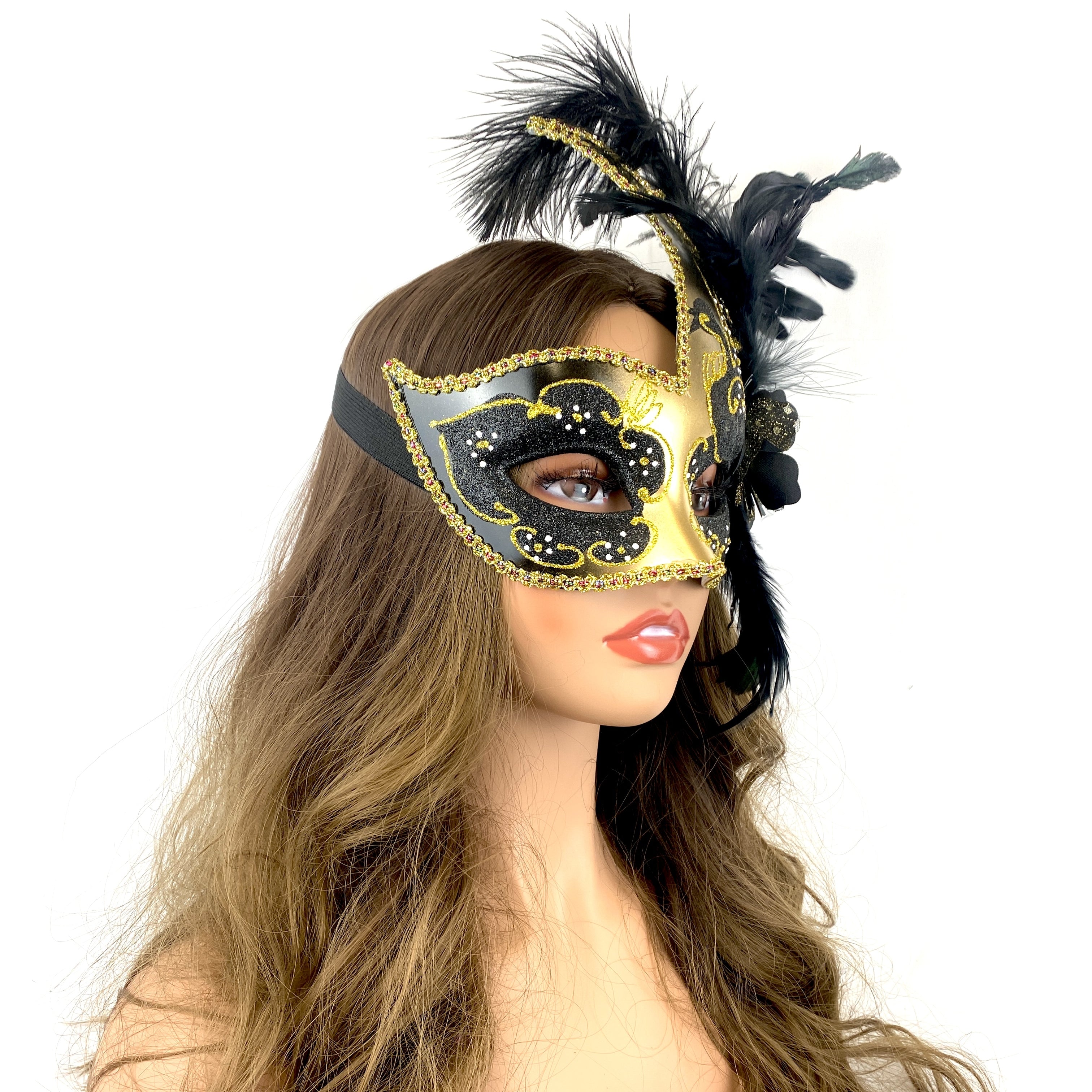 Black & Gold Women Venetian Feather Masquerade Party Mask For Mardi Gras , Halloween