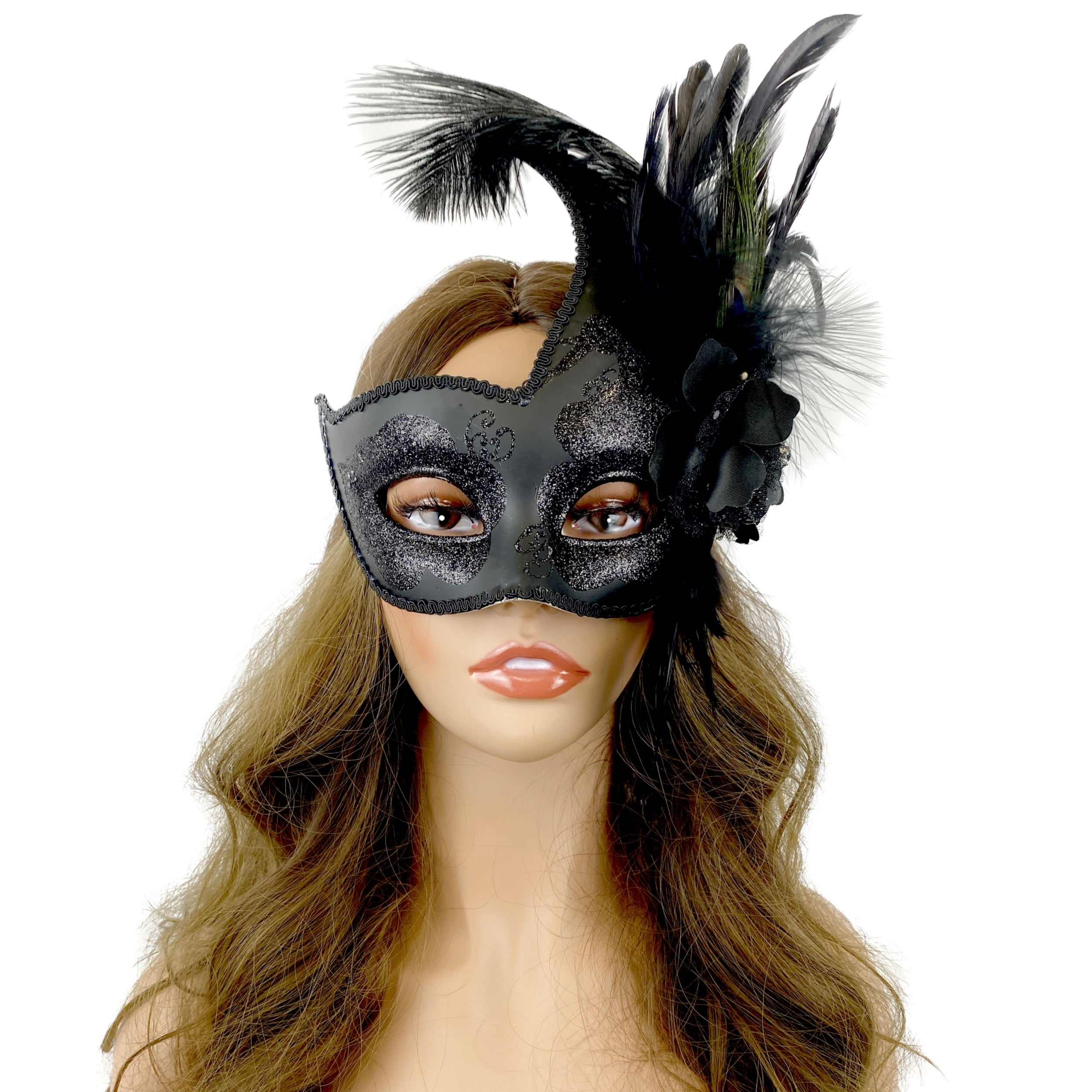 Black Women Masquerade Mask Costume Venetian Feather Masks For Mardi Gras Party, Halloween