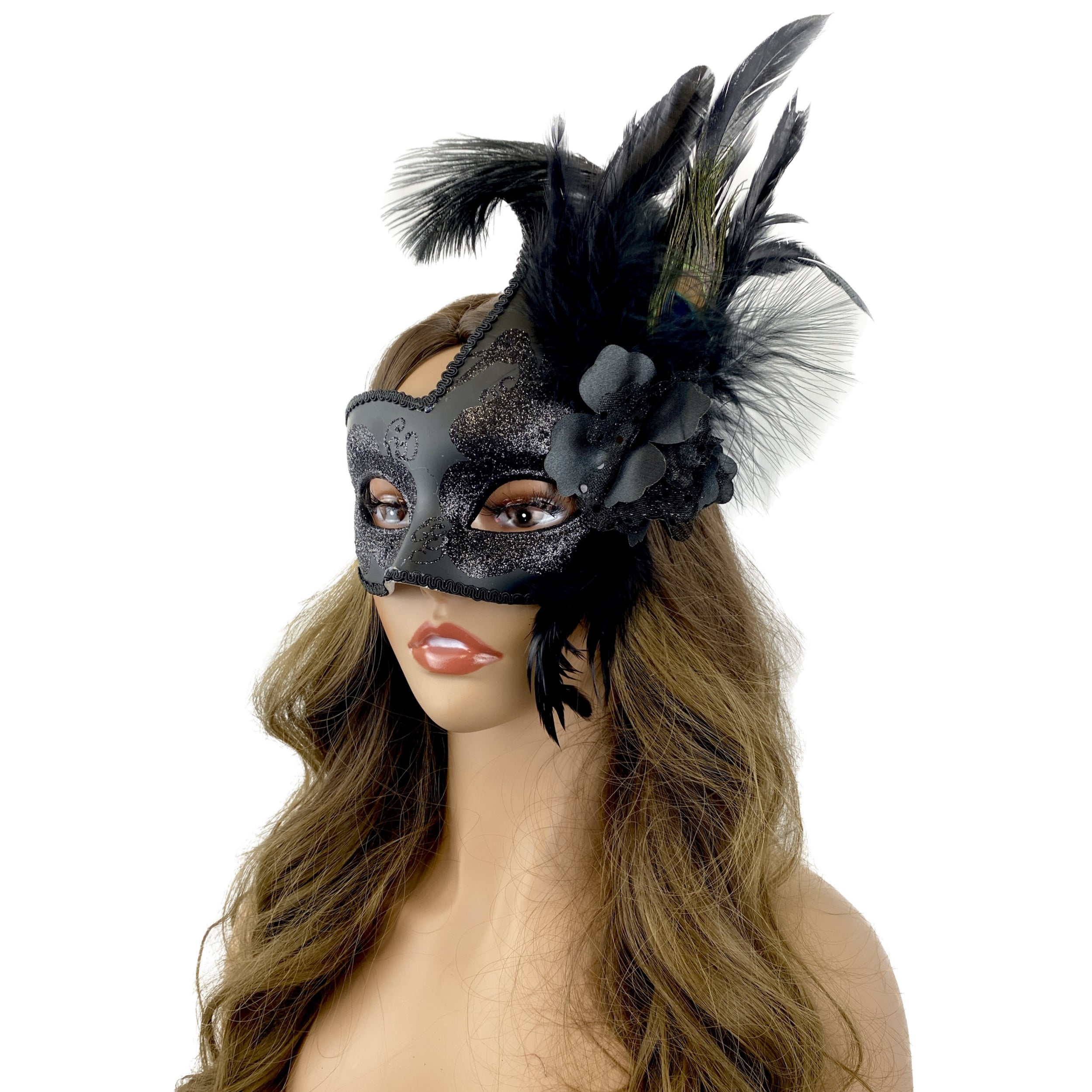 Black Women Masquerade Mask Costume Venetian Feather Masks For Mardi Gras Party, Halloween