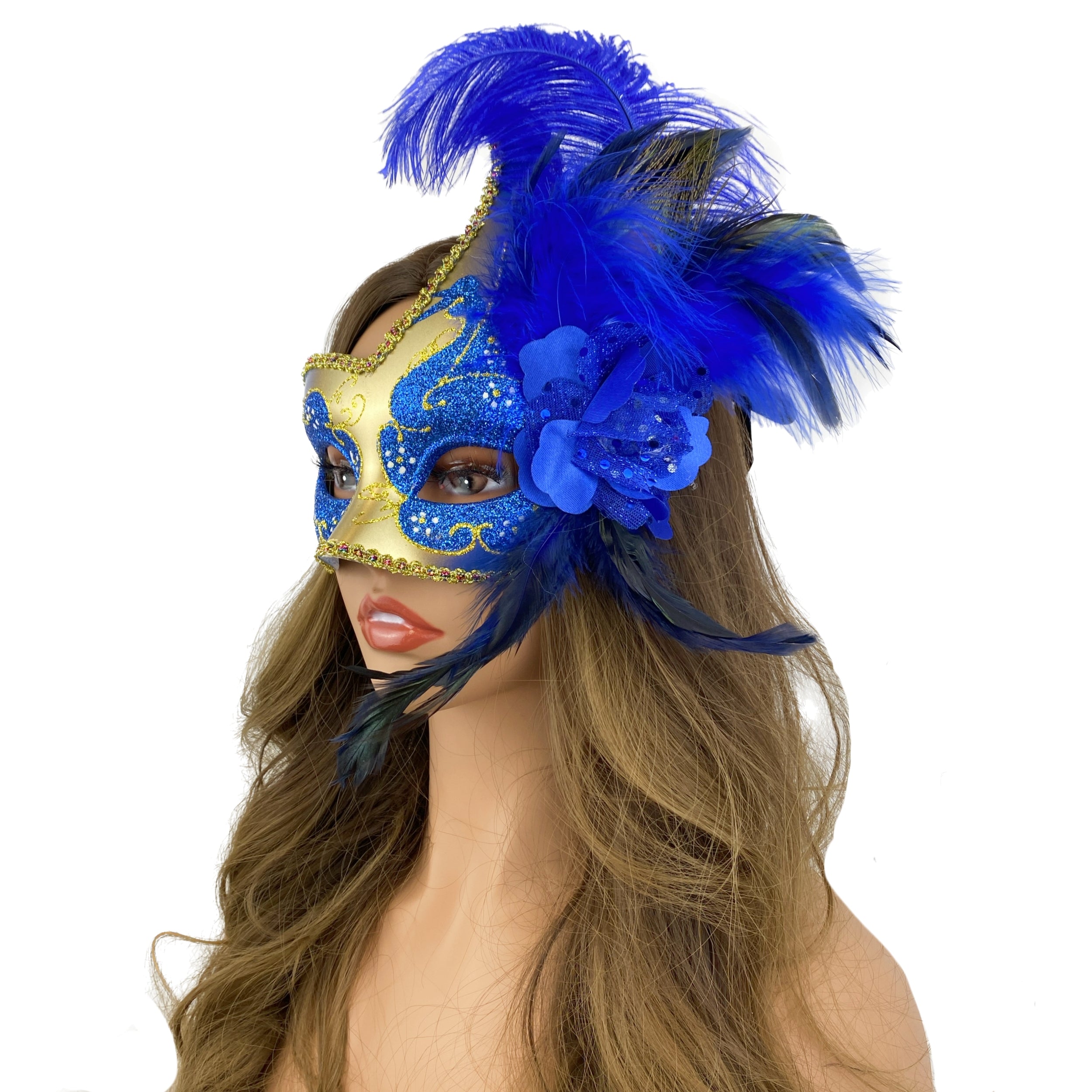 Women Venetian Feather Masquerade Mask With Stick, For Costume Party, Halloween, Christmas