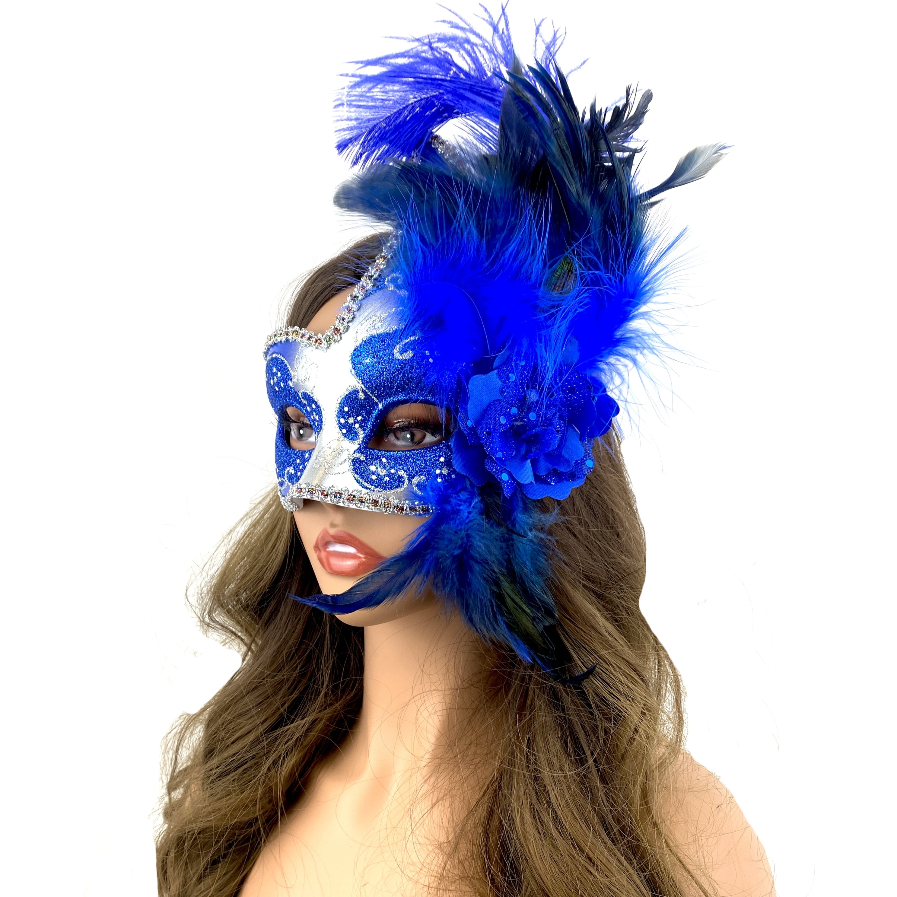 Women Venetian Feather Masquerade Mask With Stick, For Costume Party, Halloween, Christmas