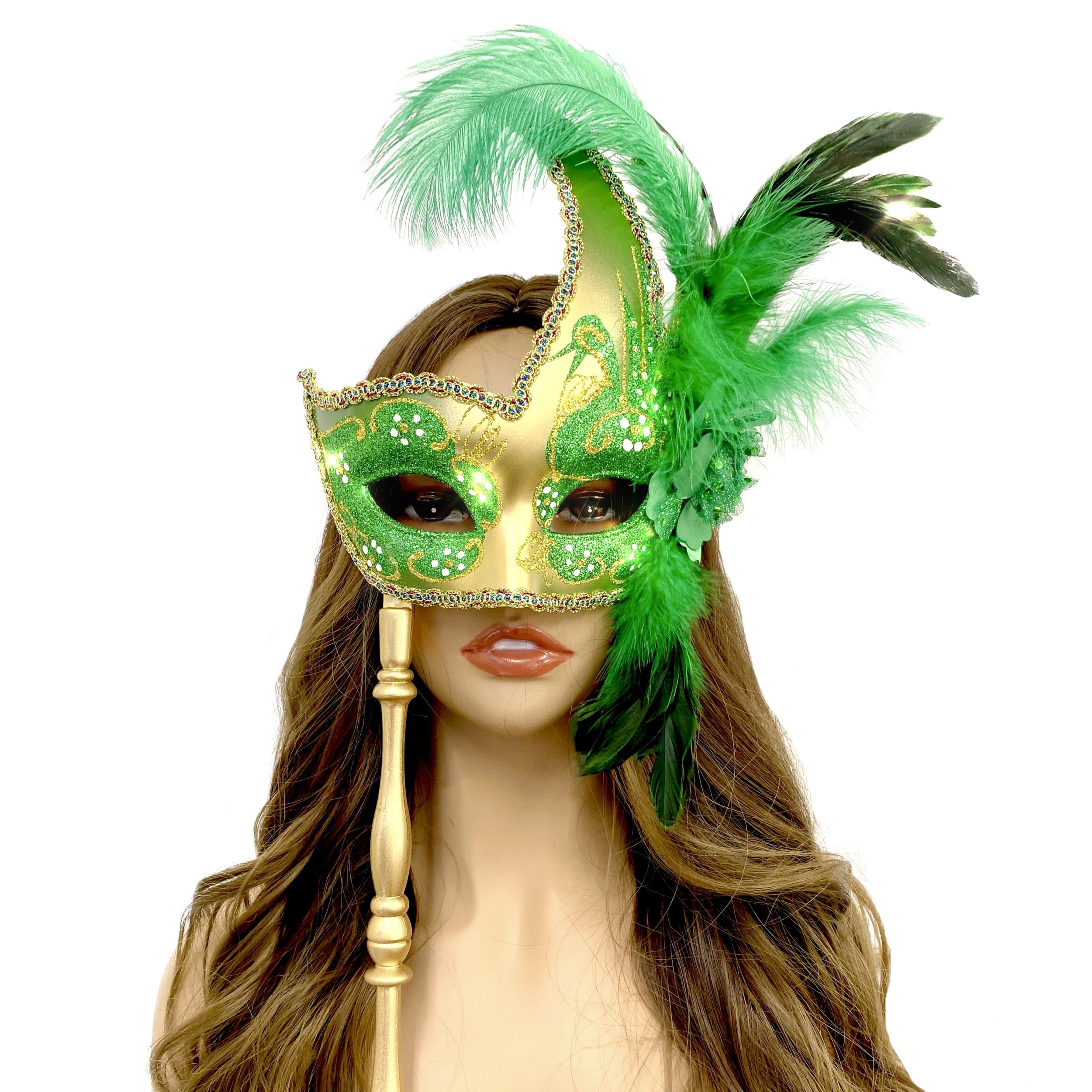 Gold and green masquerade mask with Stick