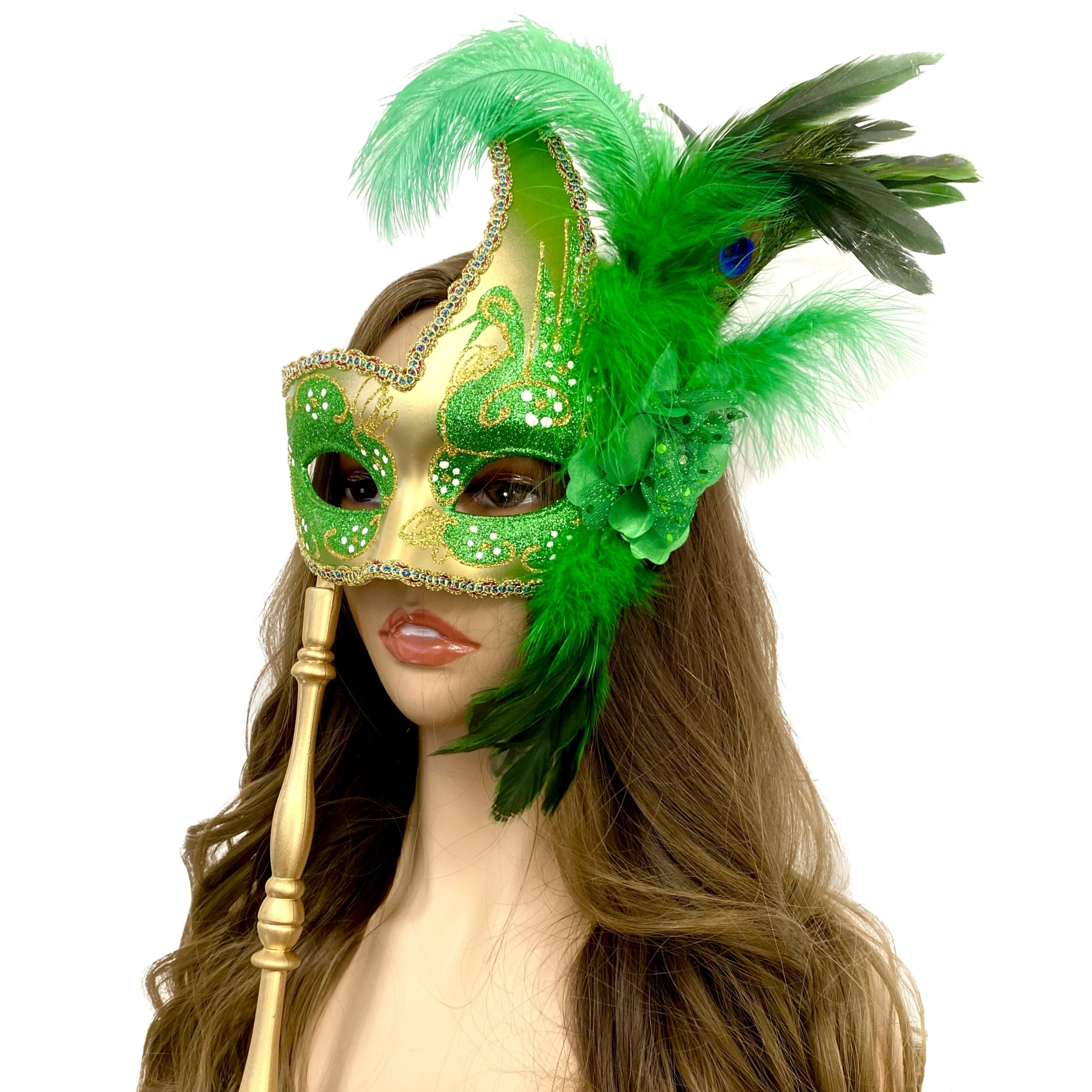 Women Venetian Feather Masquerade Party Mask With Hand Held Stick, For Halloween , Mardi Gras Costume Masks - Green & Gold