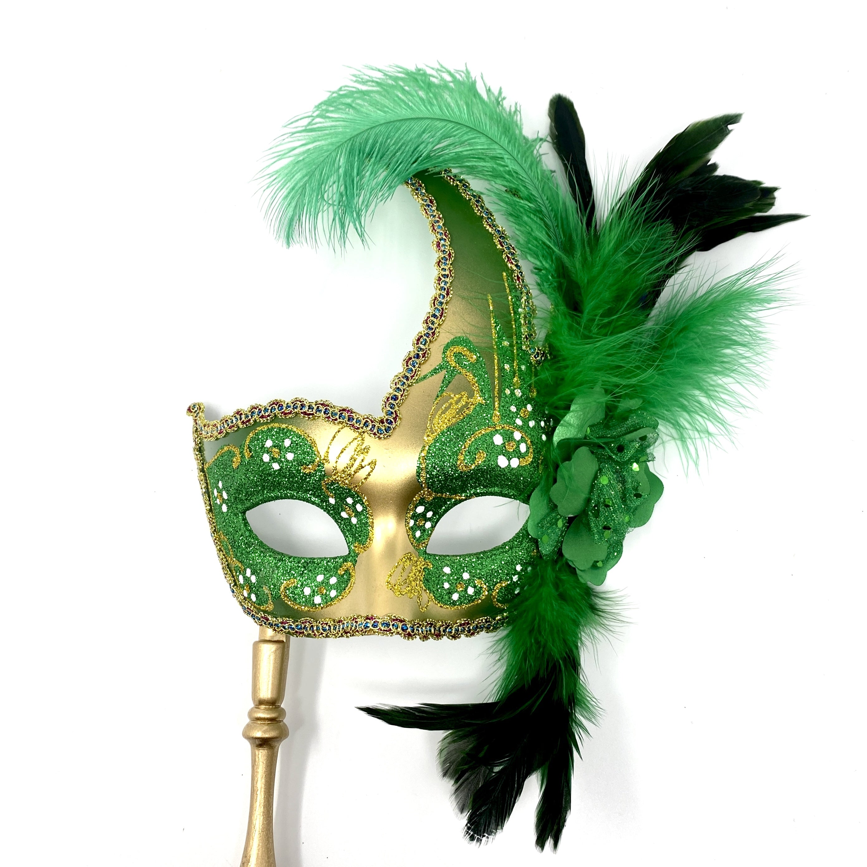 Women Venetian Feather Masquerade Party Mask With Hand Held Stick, For Halloween , Mardi Gras Costume Masks - Green & Gold