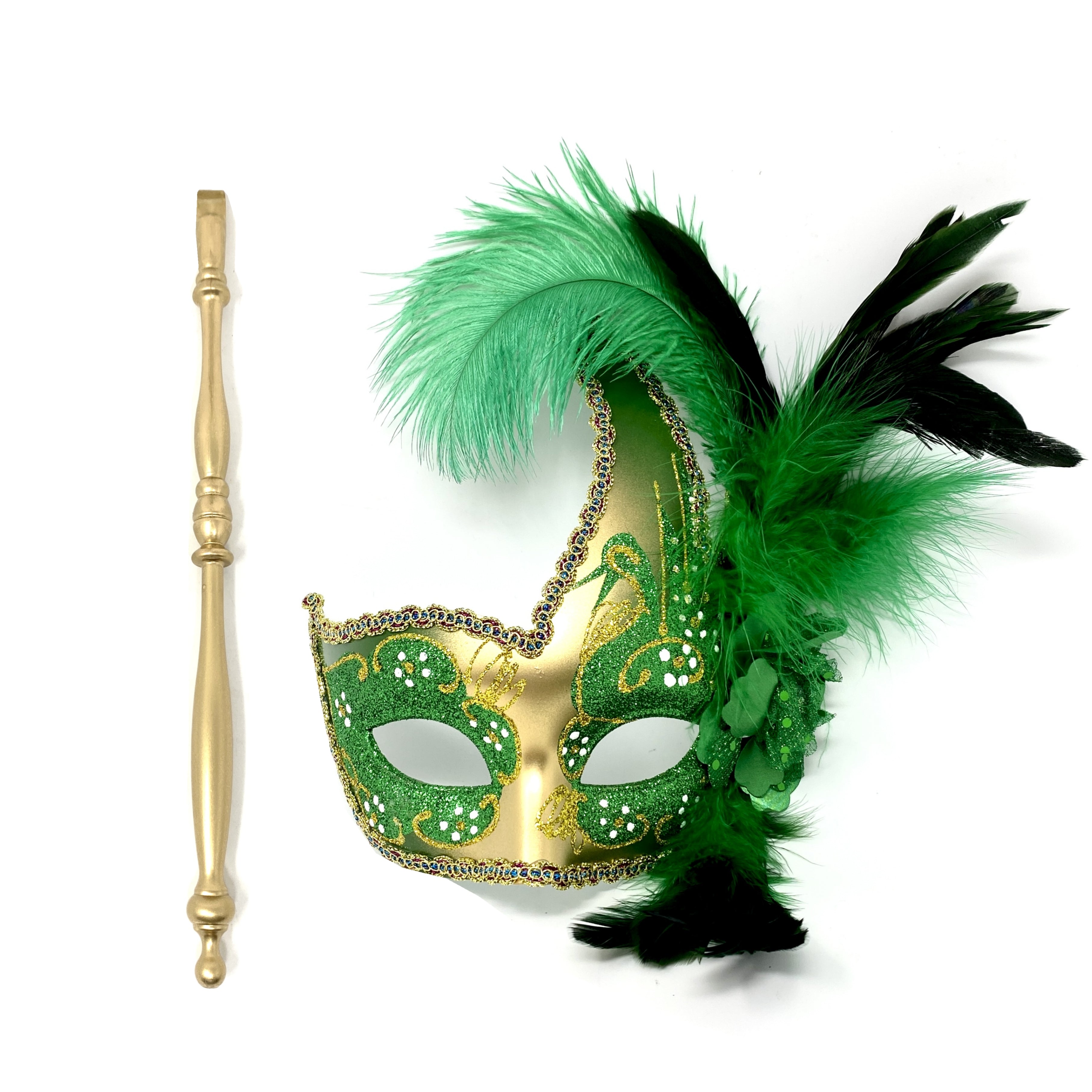 Women Venetian Feather Masquerade Party Mask With Hand Held Stick, For Halloween , Mardi Gras Costume Masks - Green & Gold