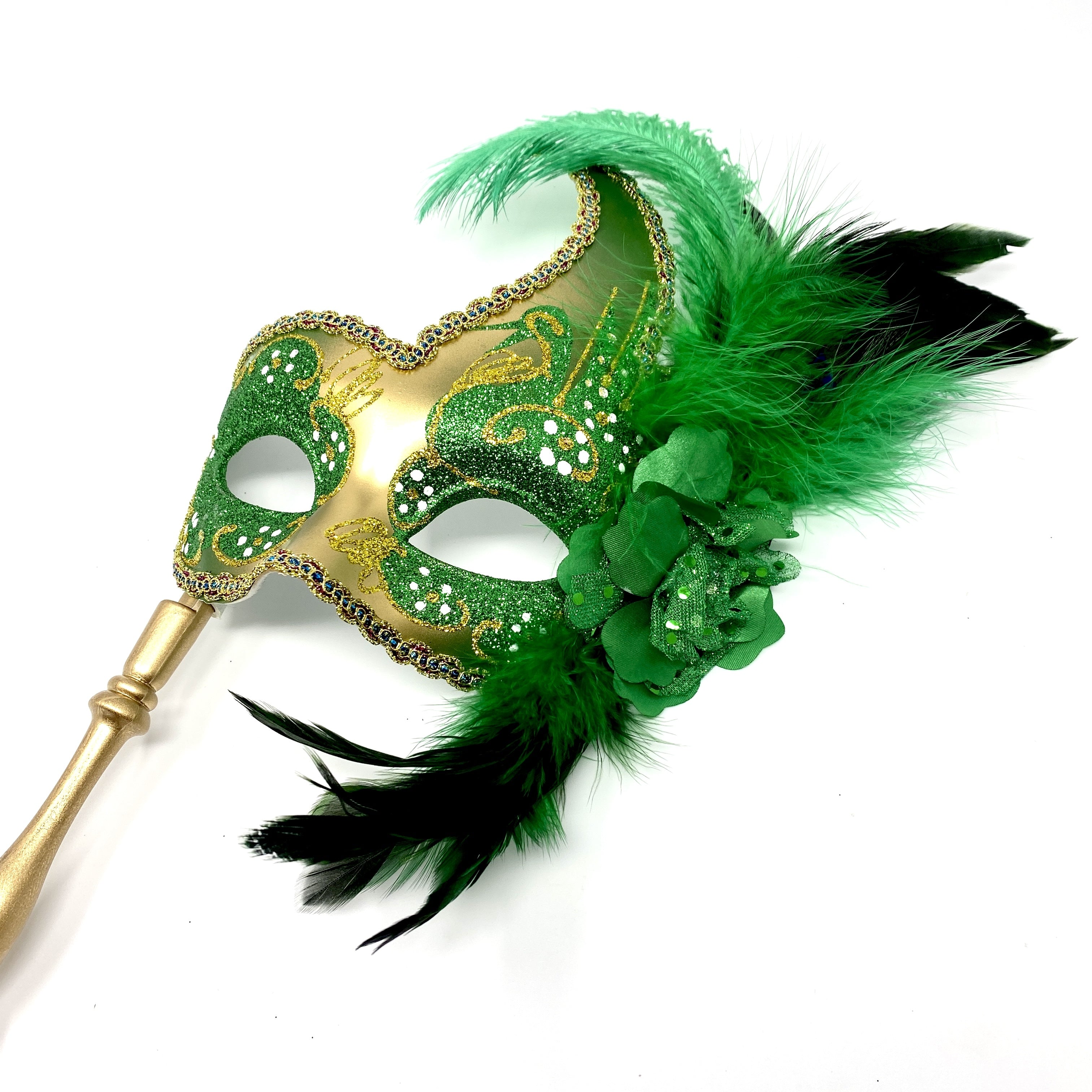 Women Venetian Feather Masquerade Party Mask With Hand Held Stick, For Halloween , Mardi Gras Costume Masks - Green & Gold