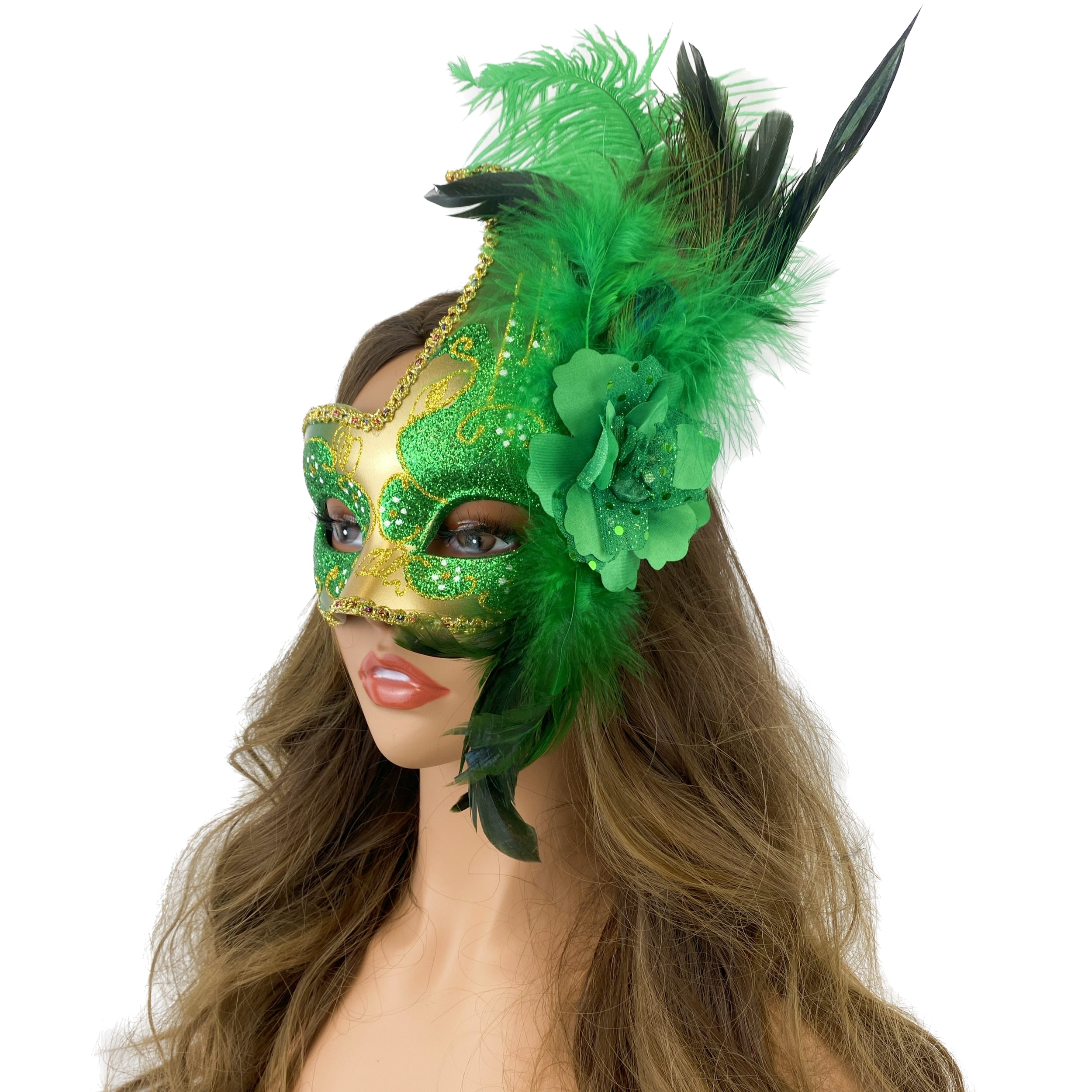 Women Venetian Feather Masquerade Mask With Stick, For Costume Party, Halloween, Christmas