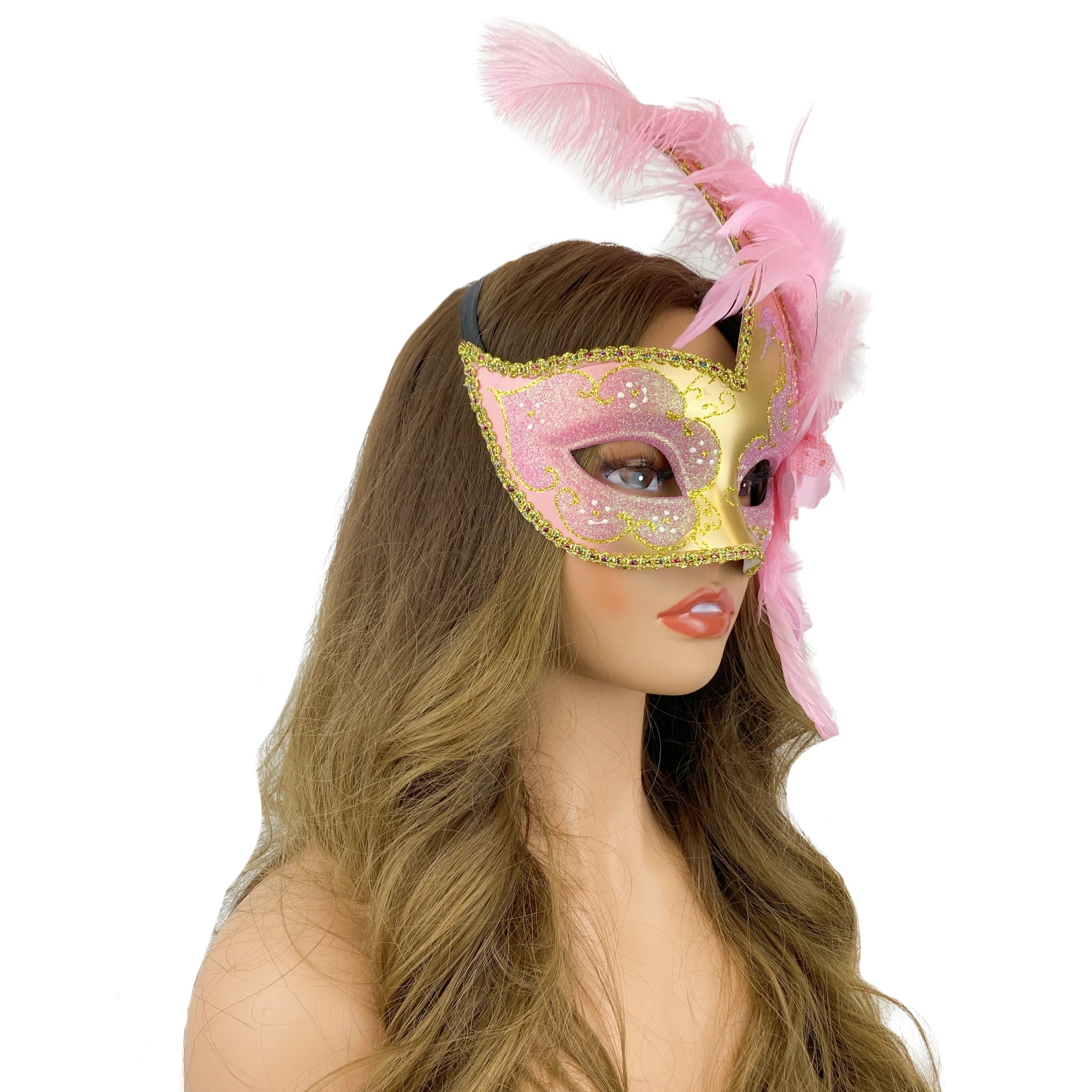 Pink & Gold Women Venetian Feather Masquerade Party Mask For Mardi Gras , Halloween