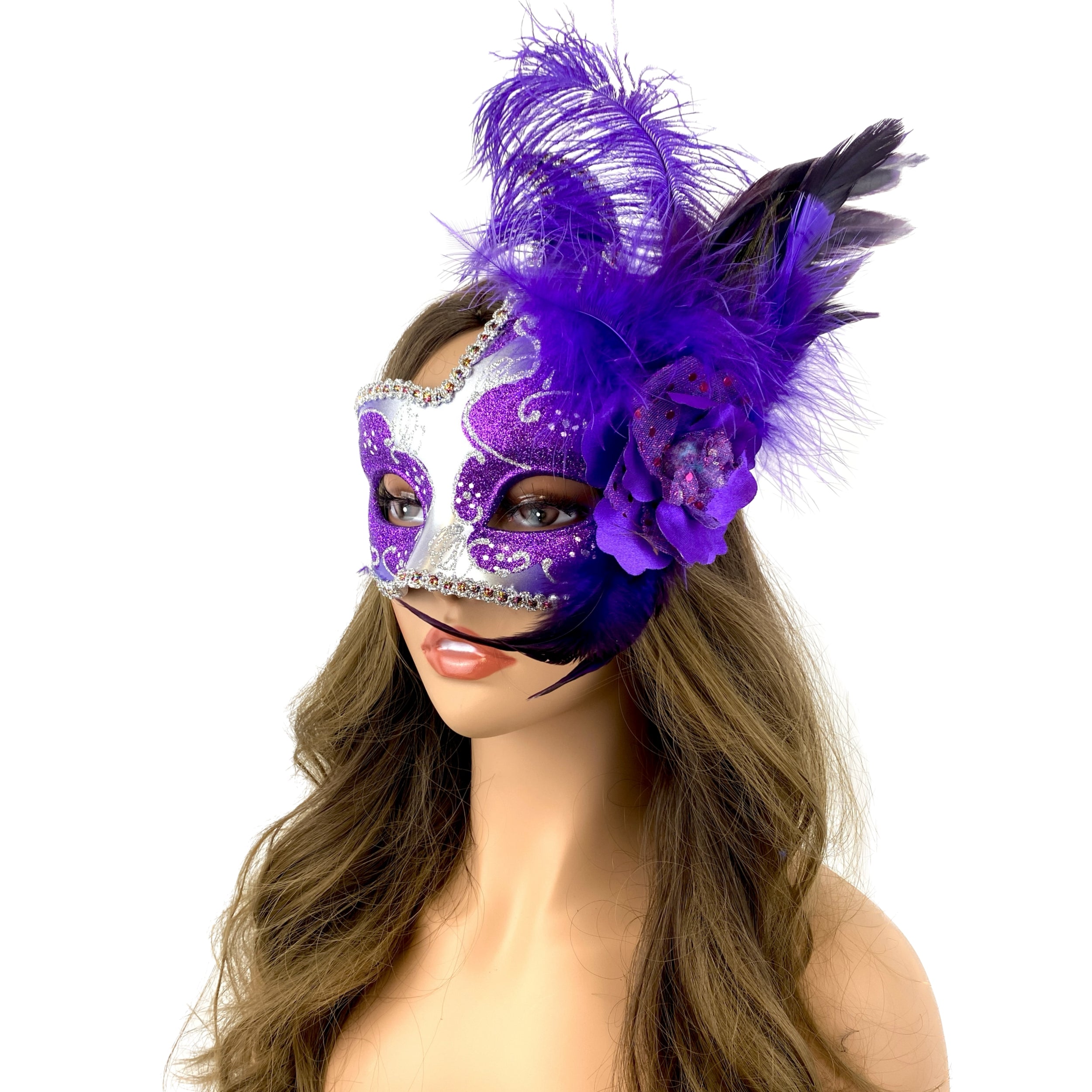 Women Venetian Feather Masquerade Mask With Stick, For Costume Party, Halloween, Christmas