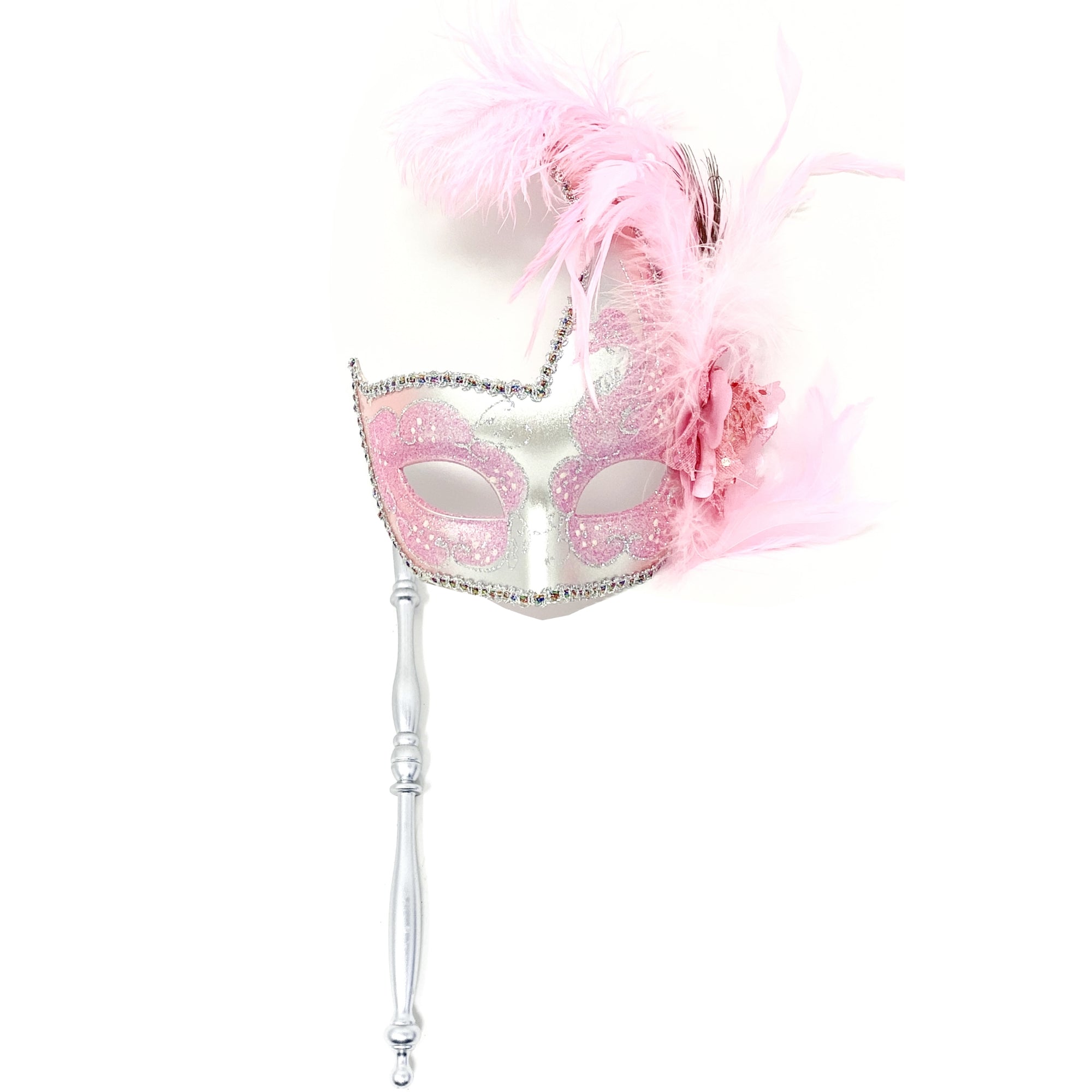 Women Venetian Feather Masquerade Party Mask With Hand Held Stick, For Halloween , Mardi Gras Costume Masks - Pink & Silver