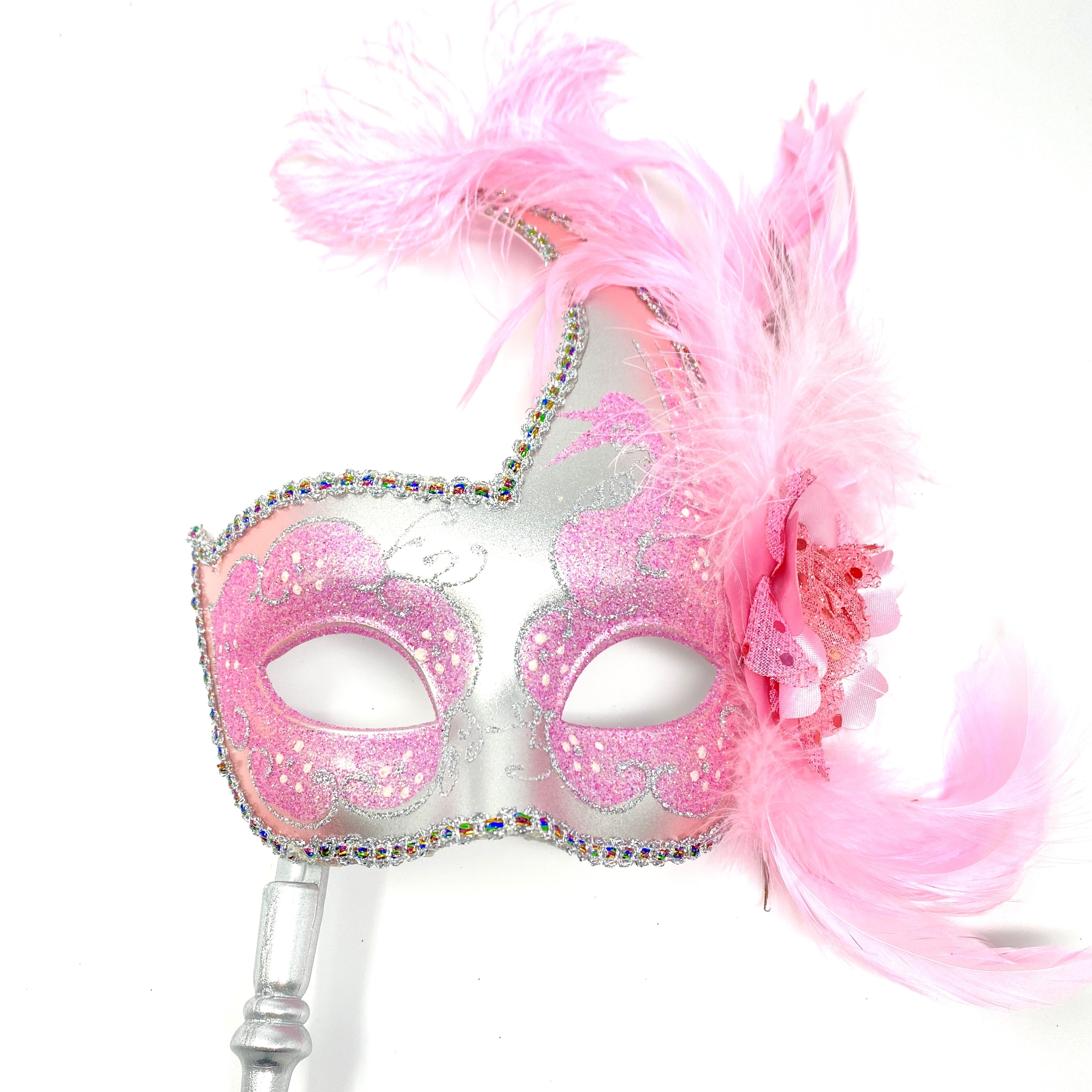 Women Venetian Feather Masquerade Party Mask With Hand Held Stick, For Halloween , Mardi Gras Costume Masks - Pink & Silver