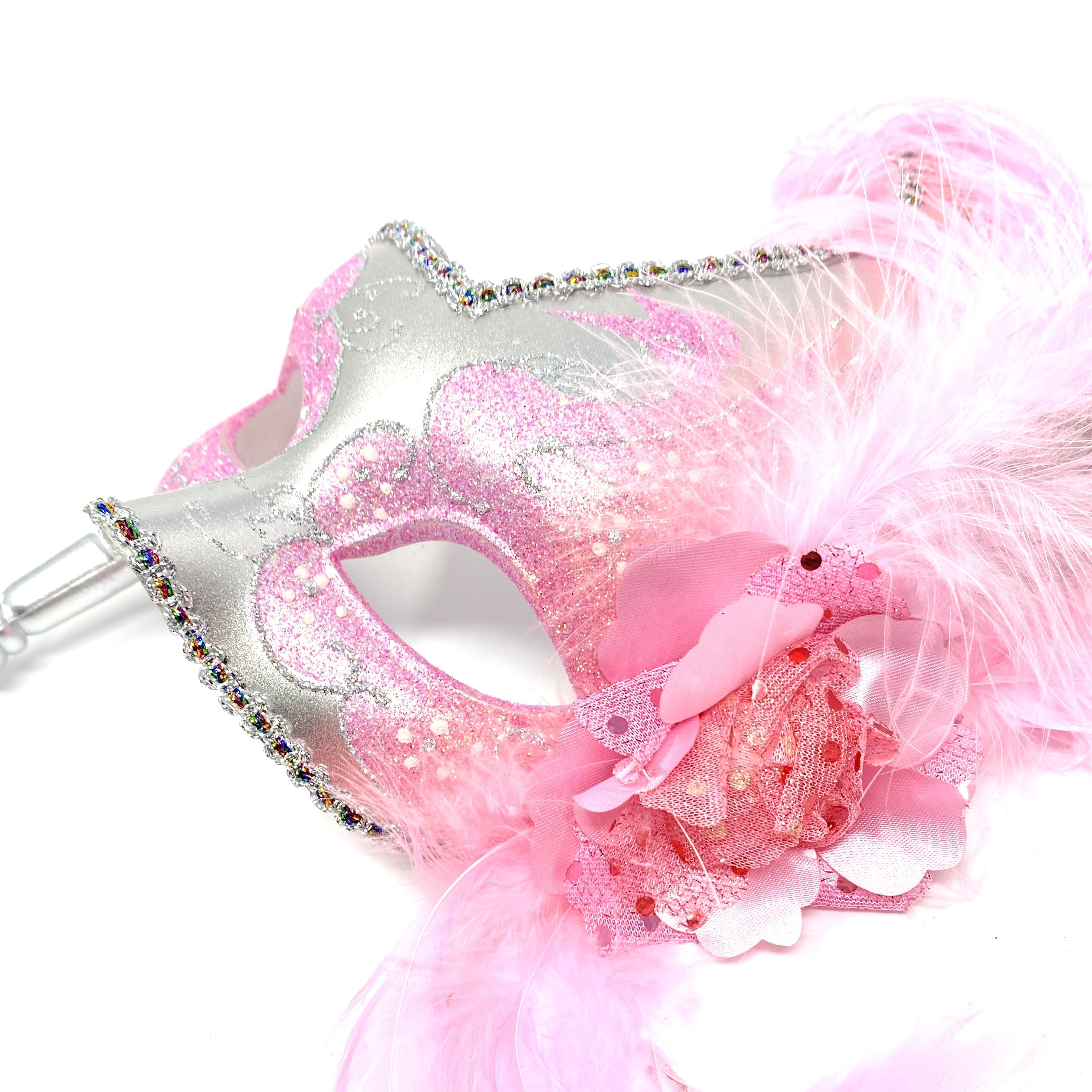 Women Venetian Feather Masquerade Party Mask With Hand Held Stick, For Halloween , Mardi Gras Costume Masks - Pink & Silver