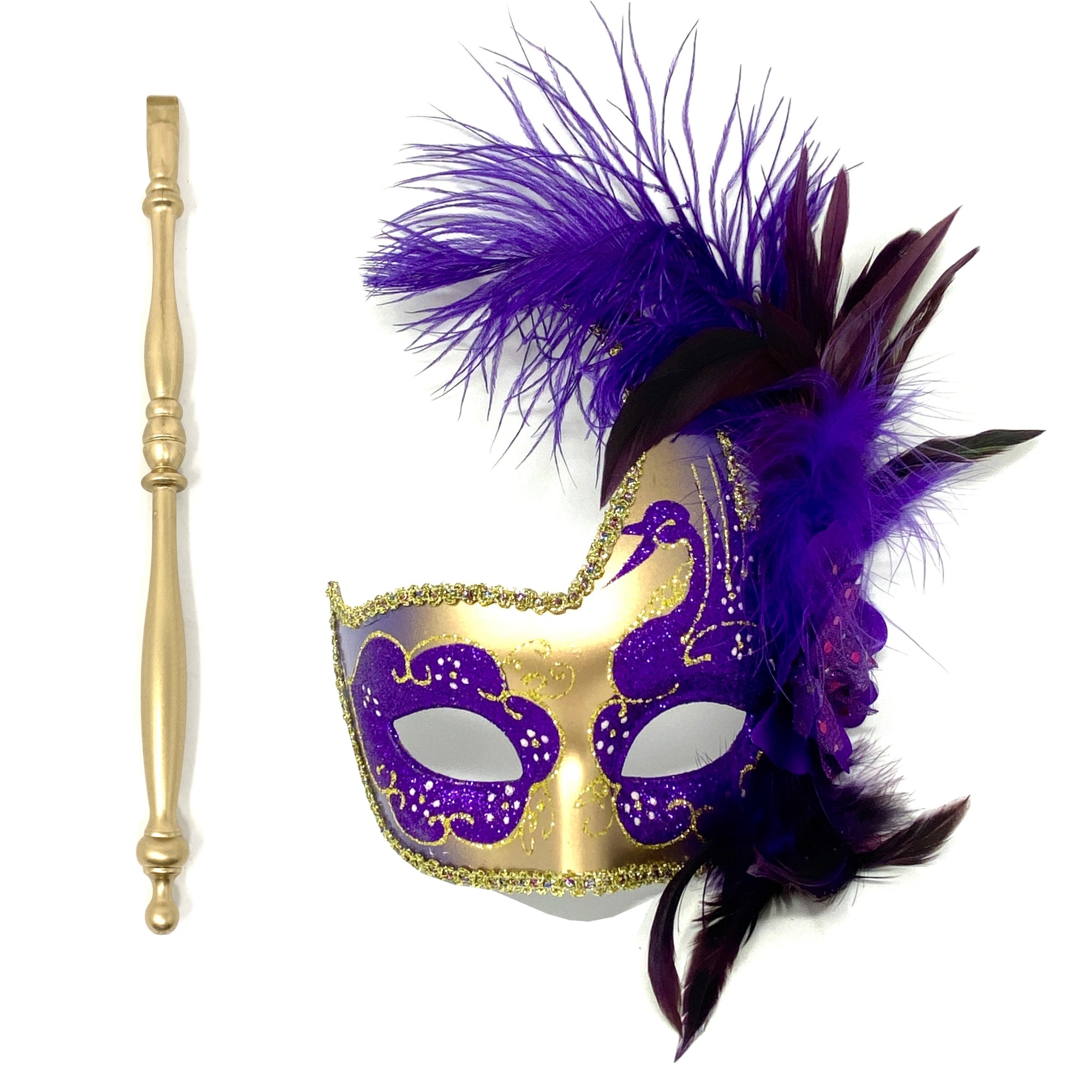 Women Costume Venetian Feather Masquerade Party Mask With Stick, For Halloween , Mardi Gras Masks