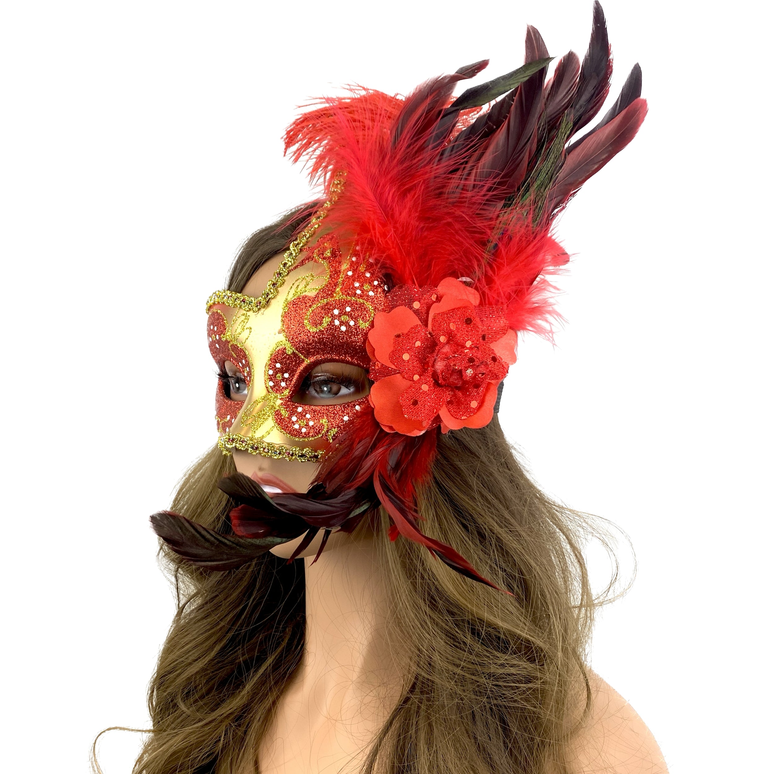 Red Women Venetian Feather Masquerade Party Mask For Mardi Gras , Halloween