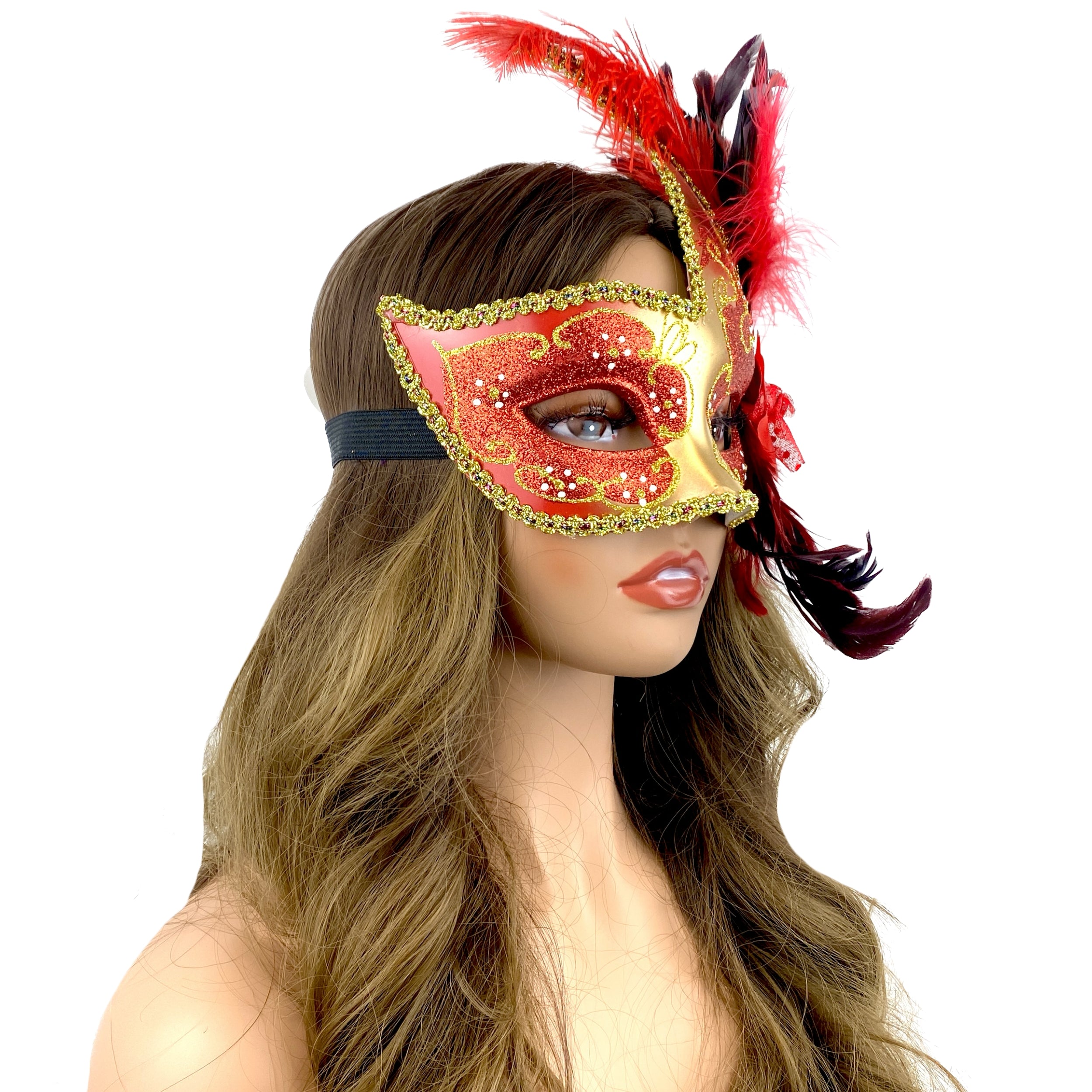 Red Women Venetian Feather Masquerade Party Mask For Mardi Gras , Halloween