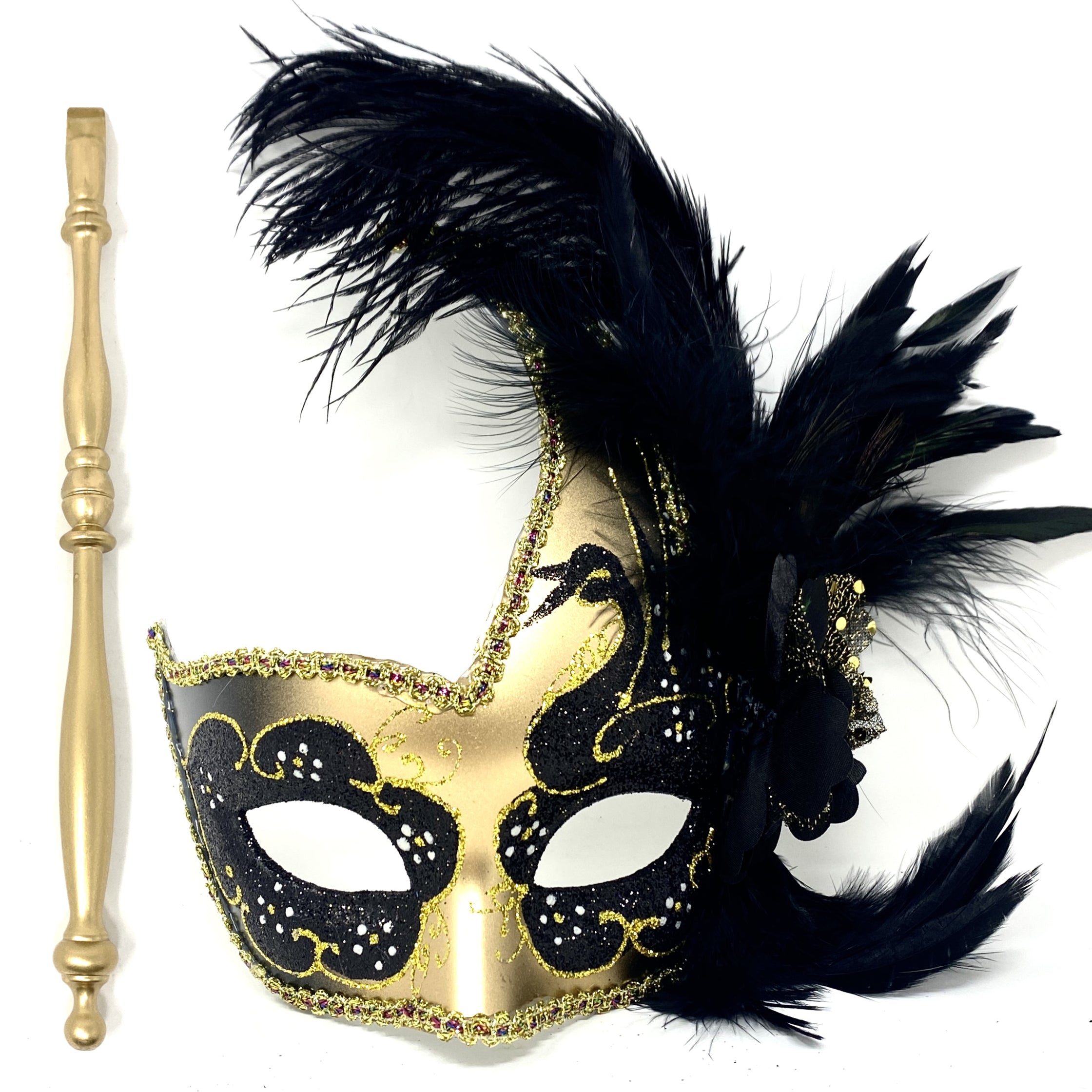 Women Costume Venetian Feather Masquerade Party Mask With Stick, For Halloween , Mardi Gras Masks