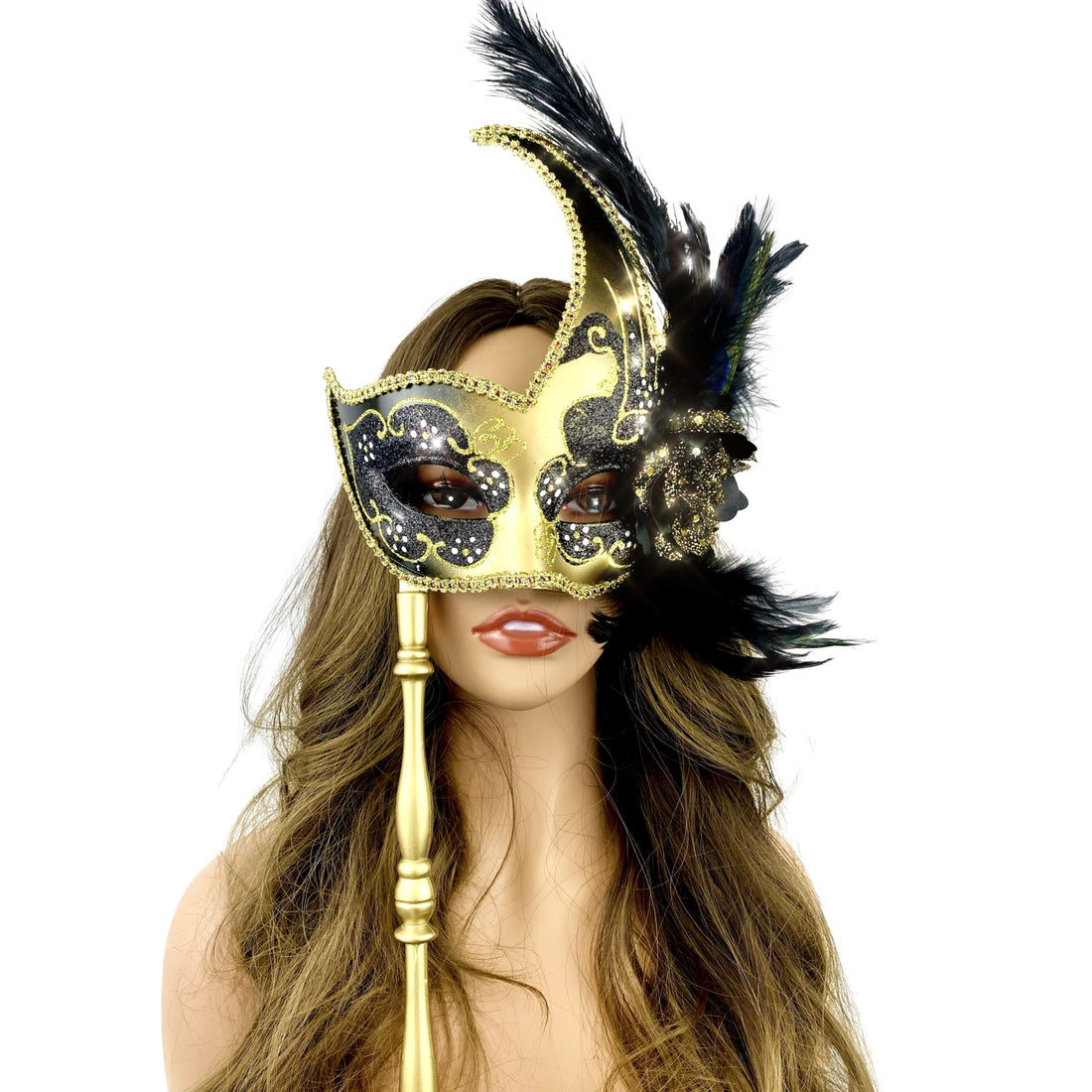 Women Costume Venetian Feather Masquerade Party Mask With Stick, For Halloween , Mardi Gras Masks