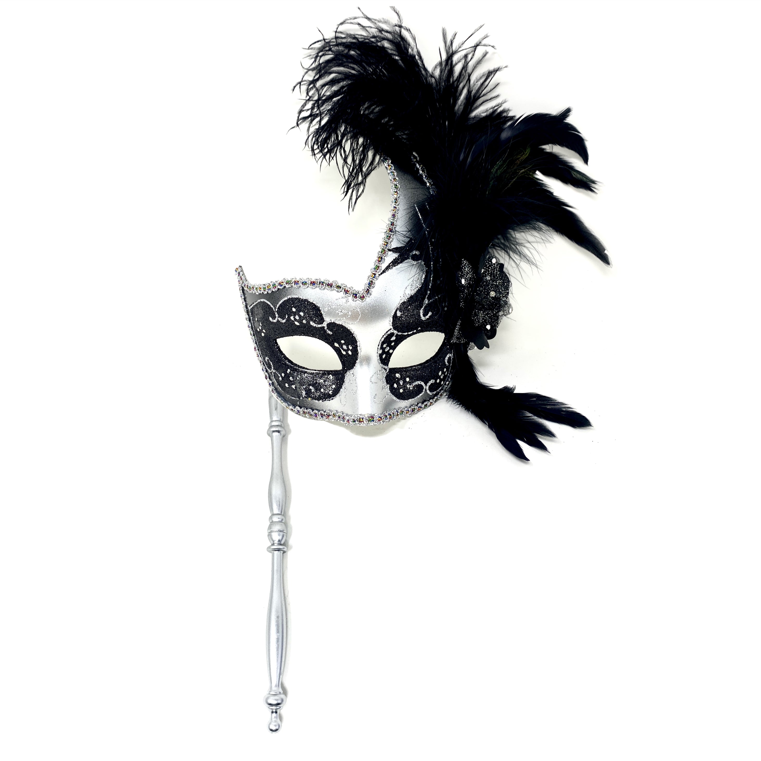 Women Venetian Feather Masquerade Party Mask With Hand Held Stick, For Halloween , Mardi Gras Costume Masks -Black & Silver
