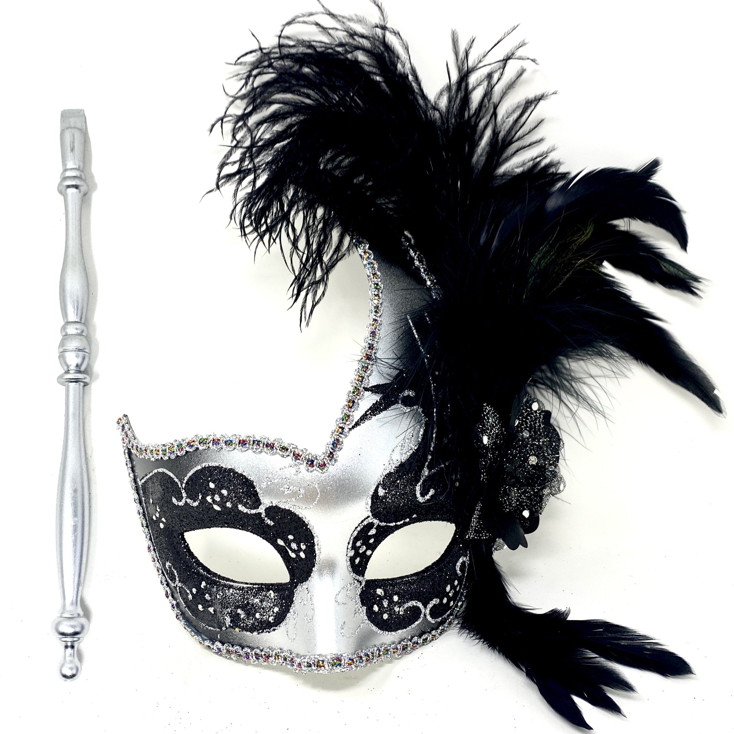 Women Venetian Feather Masquerade Party Mask With Hand Held Stick, For Halloween , Mardi Gras Costume Masks -Black & Silver