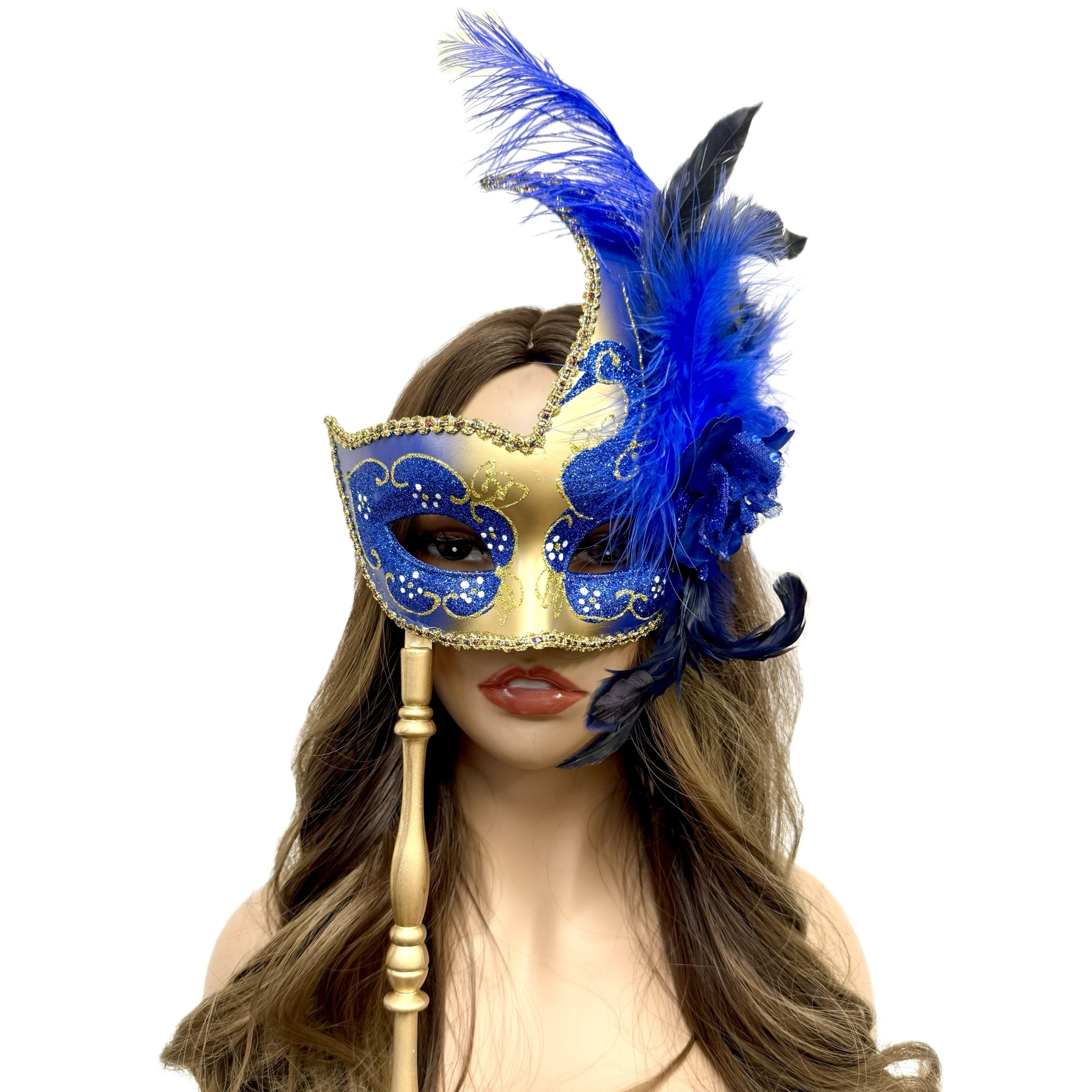 Masquerade Party Mask With Hand Held Stick Blue and Gold