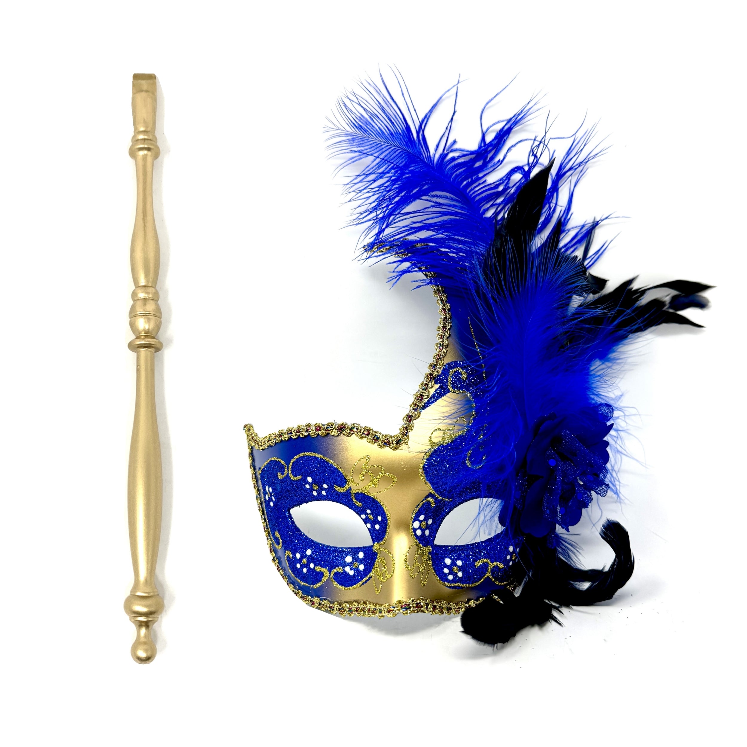 Women Venetian Feather Masquerade Party Mask With Hand Held Stick, For Halloween , Mardi Gras Costume Masks - Blue & Gold
