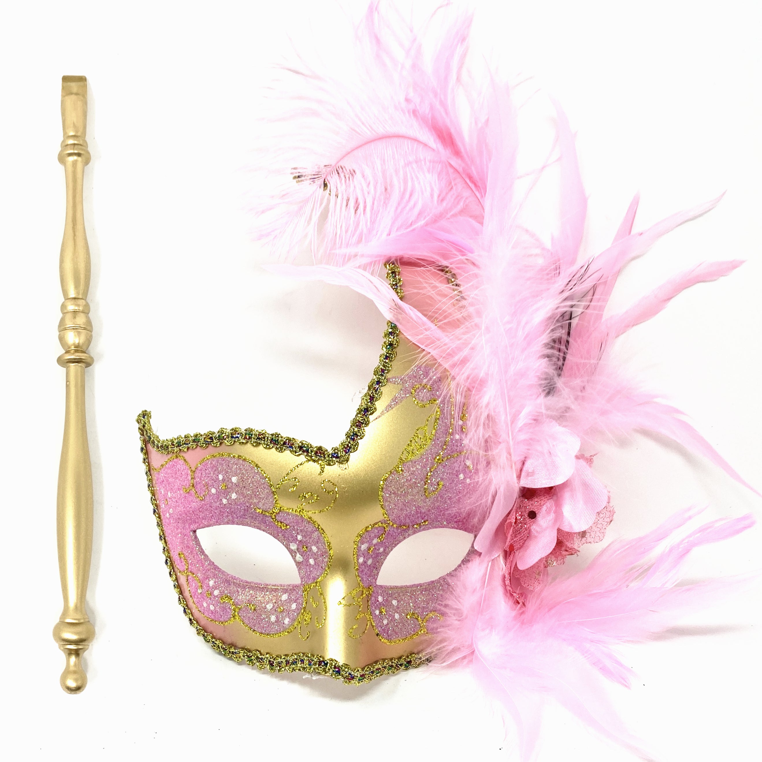 Women Costume Venetian Feather Masquerade Party Mask With Stick, For Halloween , Mardi Gras Masks
