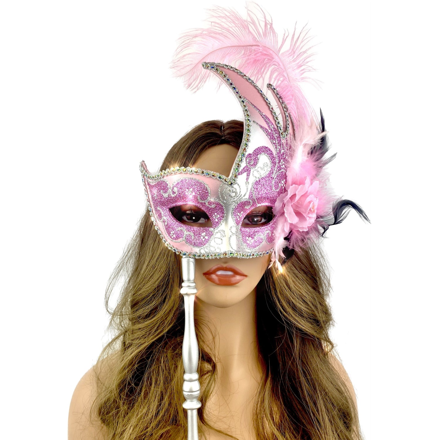 Women Costume Venetian Feather Masquerade Party Mask With Stick, For Halloween , Mardi Gras Masks