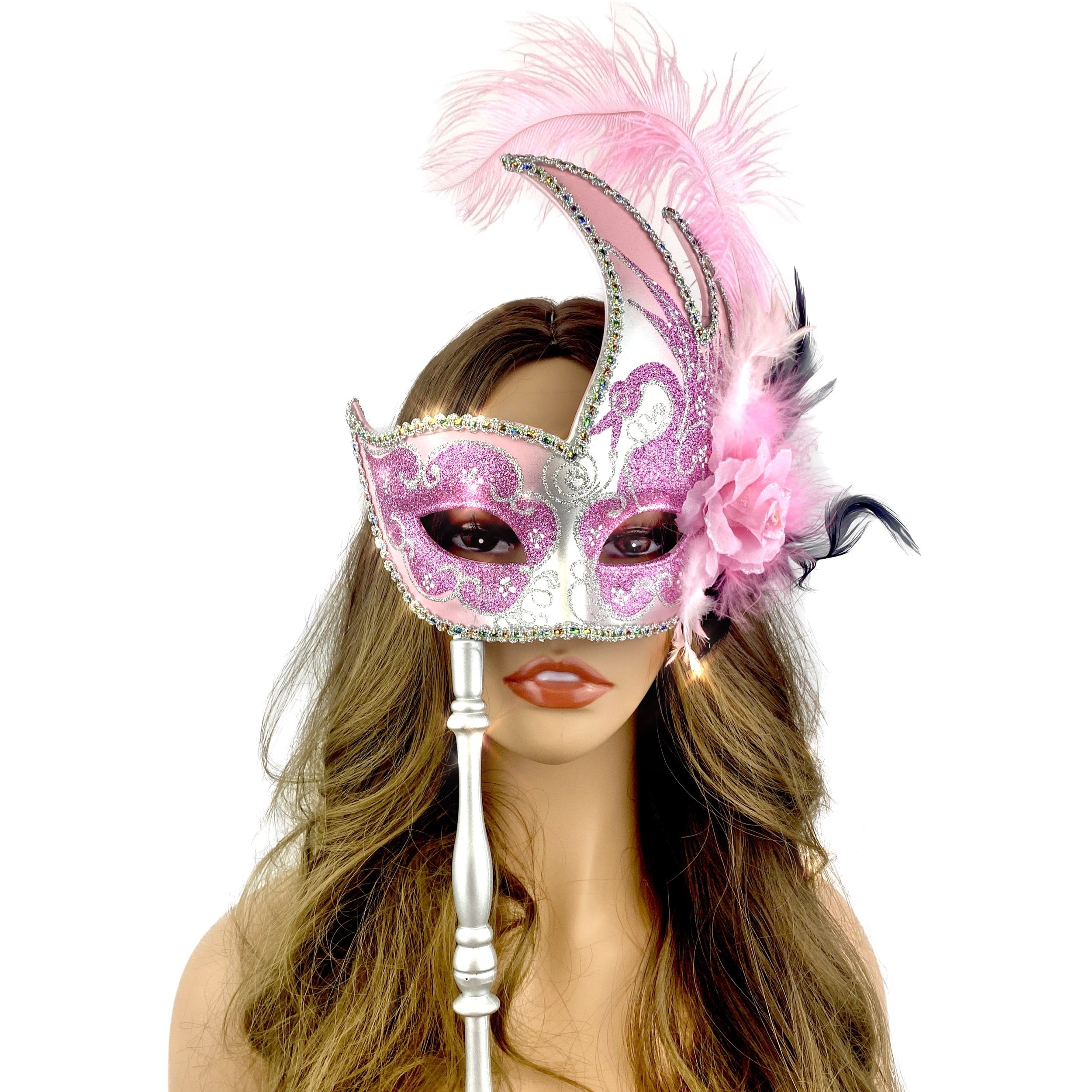 Women Costume Venetian Feather Masquerade Party Mask With Stick, For Halloween , Mardi Gras Masks