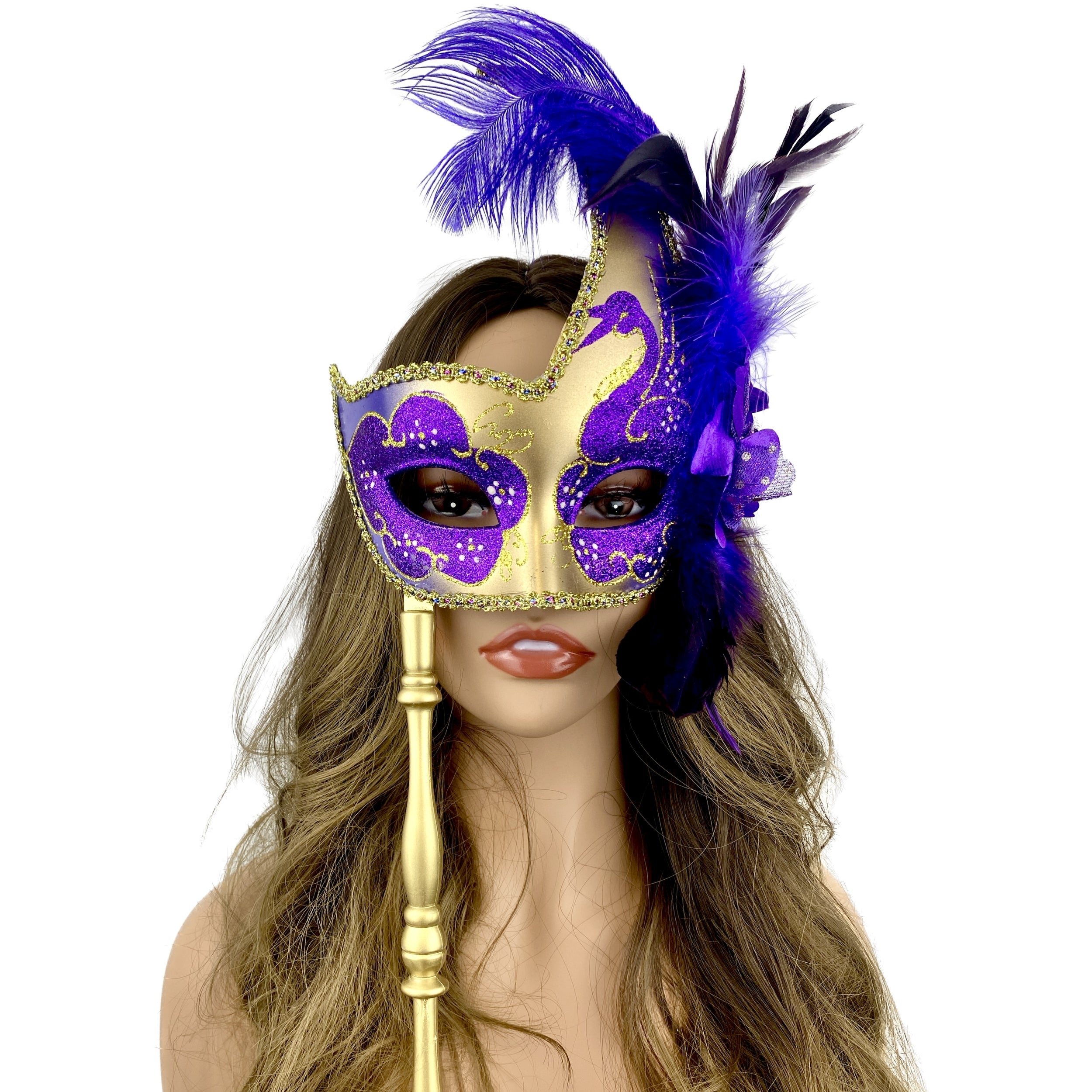 Women Costume Venetian Feather Masquerade Party Mask With Stick, For Halloween , Mardi Gras Masks