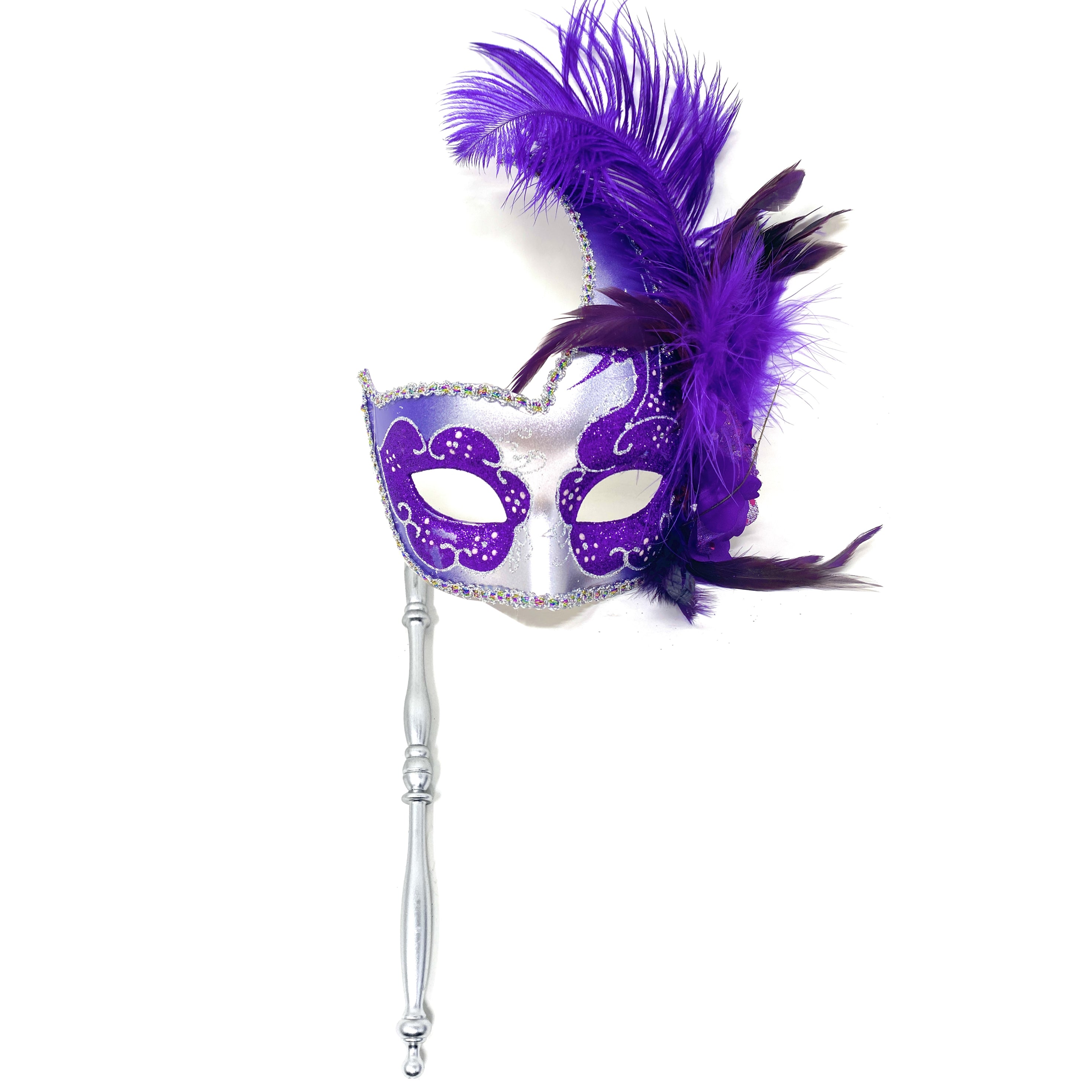 Women Costume Venetian Feather Masquerade Party Mask With Stick, For Halloween , Mardi Gras Masks