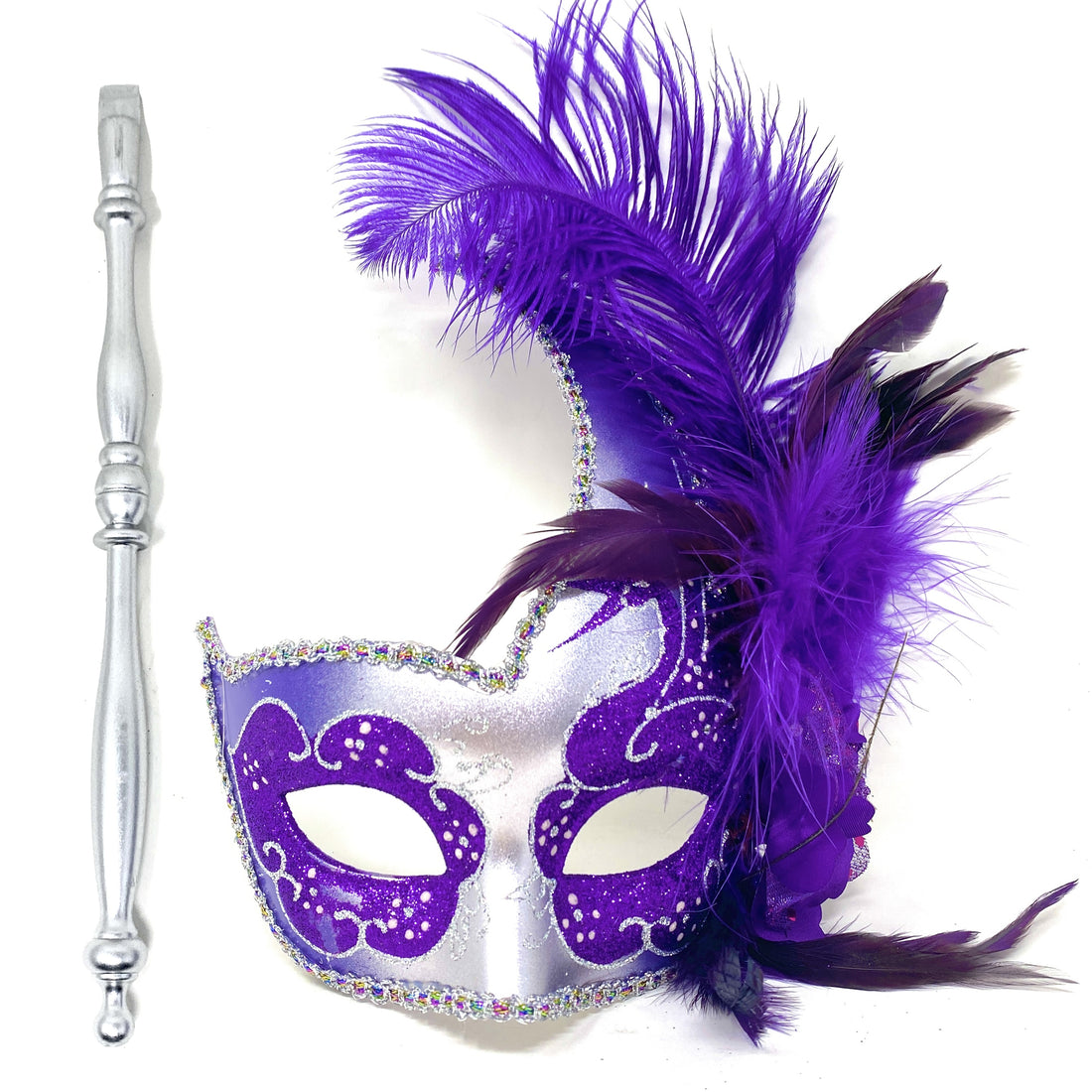 Women Costume Venetian Feather Masquerade Party Mask With Stick, For Halloween , Mardi Gras Masks