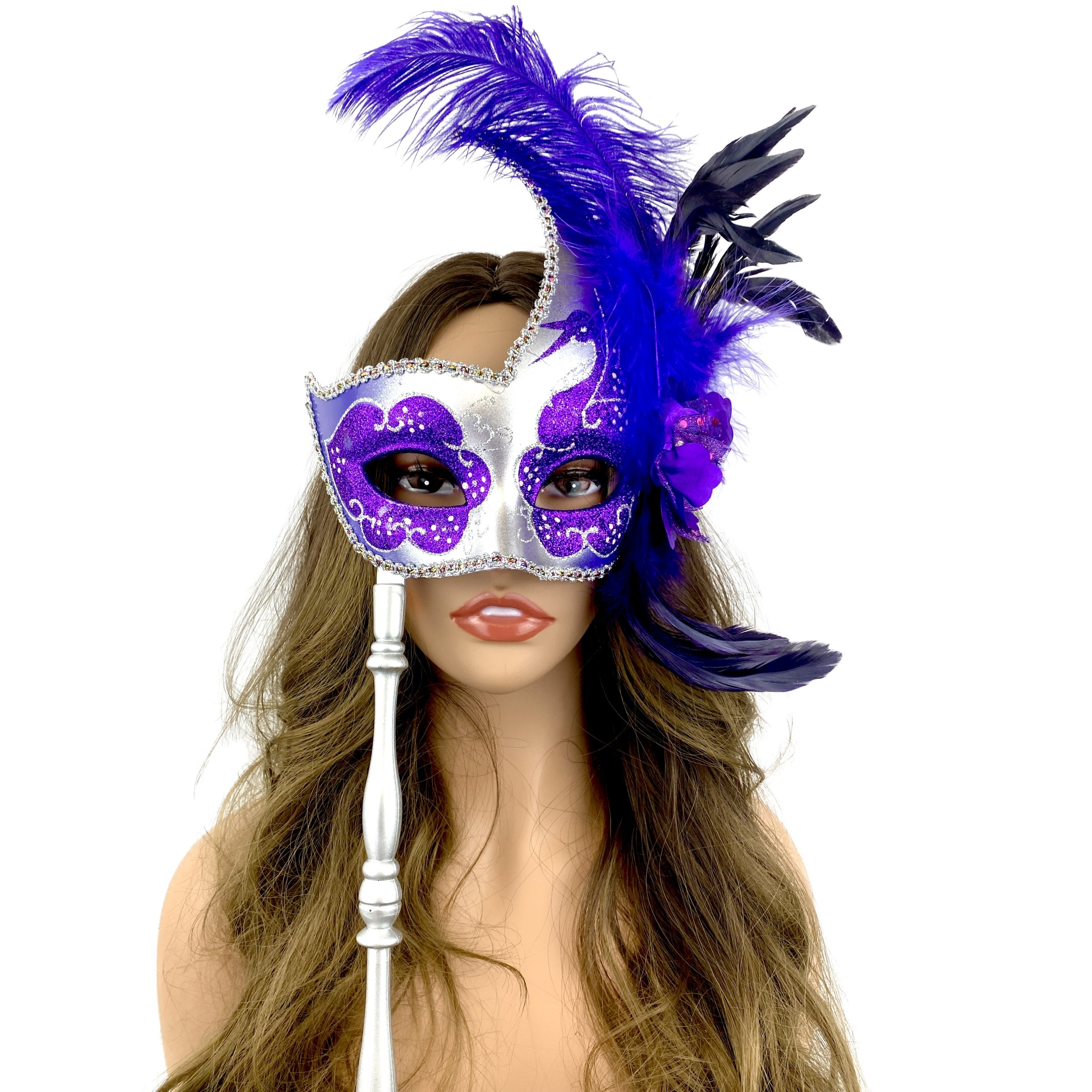 Women Costume Venetian Feather Masquerade Party Mask With Stick, For Halloween , Mardi Gras Masks