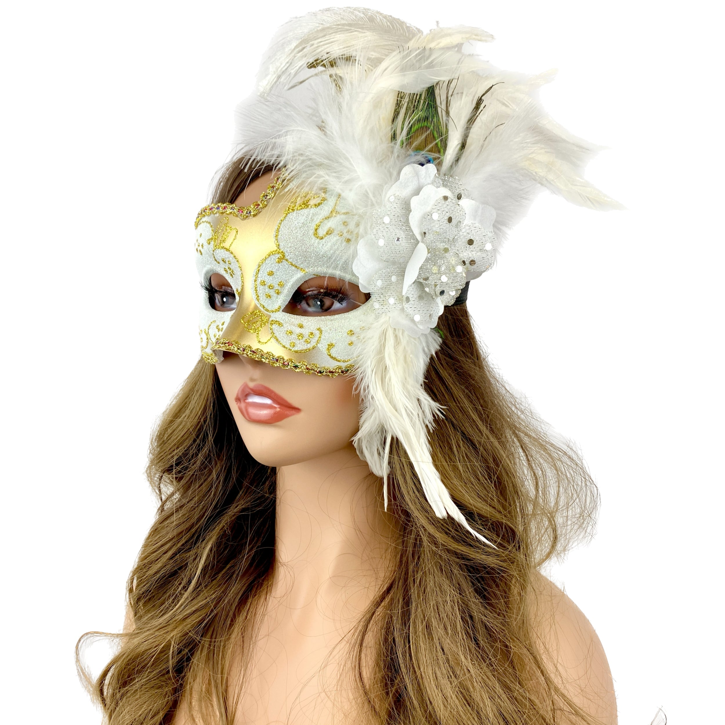 Women Venetian Feather Masquerade Mask With Stick, For Costume Party, Halloween, Christmas