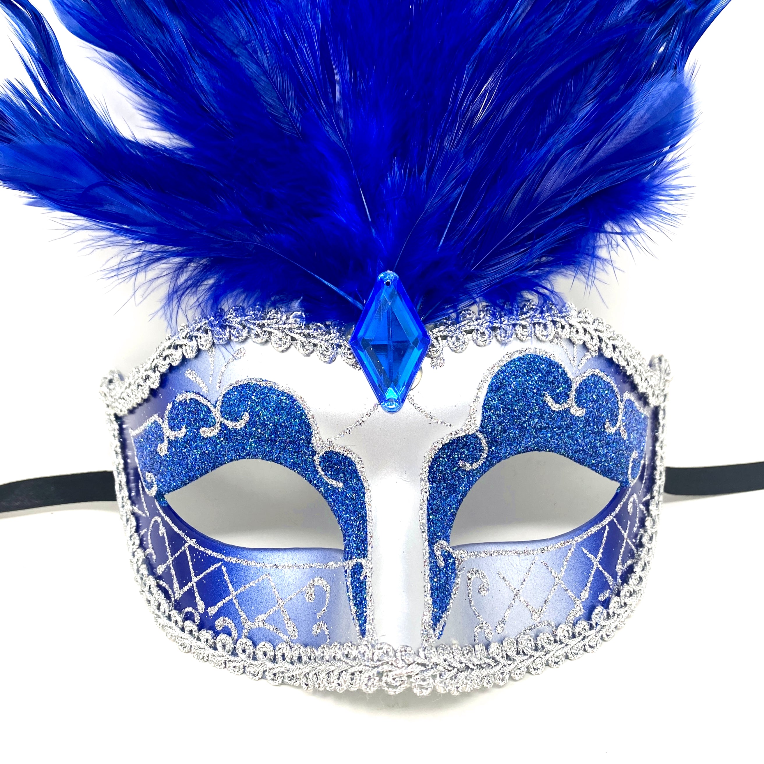 Women Feather Masquerade Party Mask For Mardi Gras , Halloween -Blue & Silver