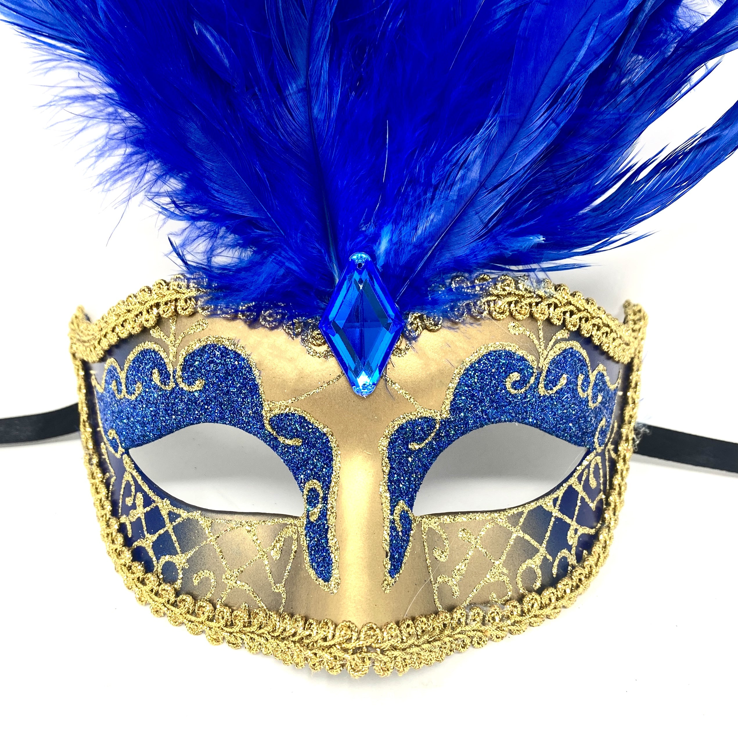 Women Feather Masquerade Party Mask For Mardi Gras , Halloween - Blue & Gold