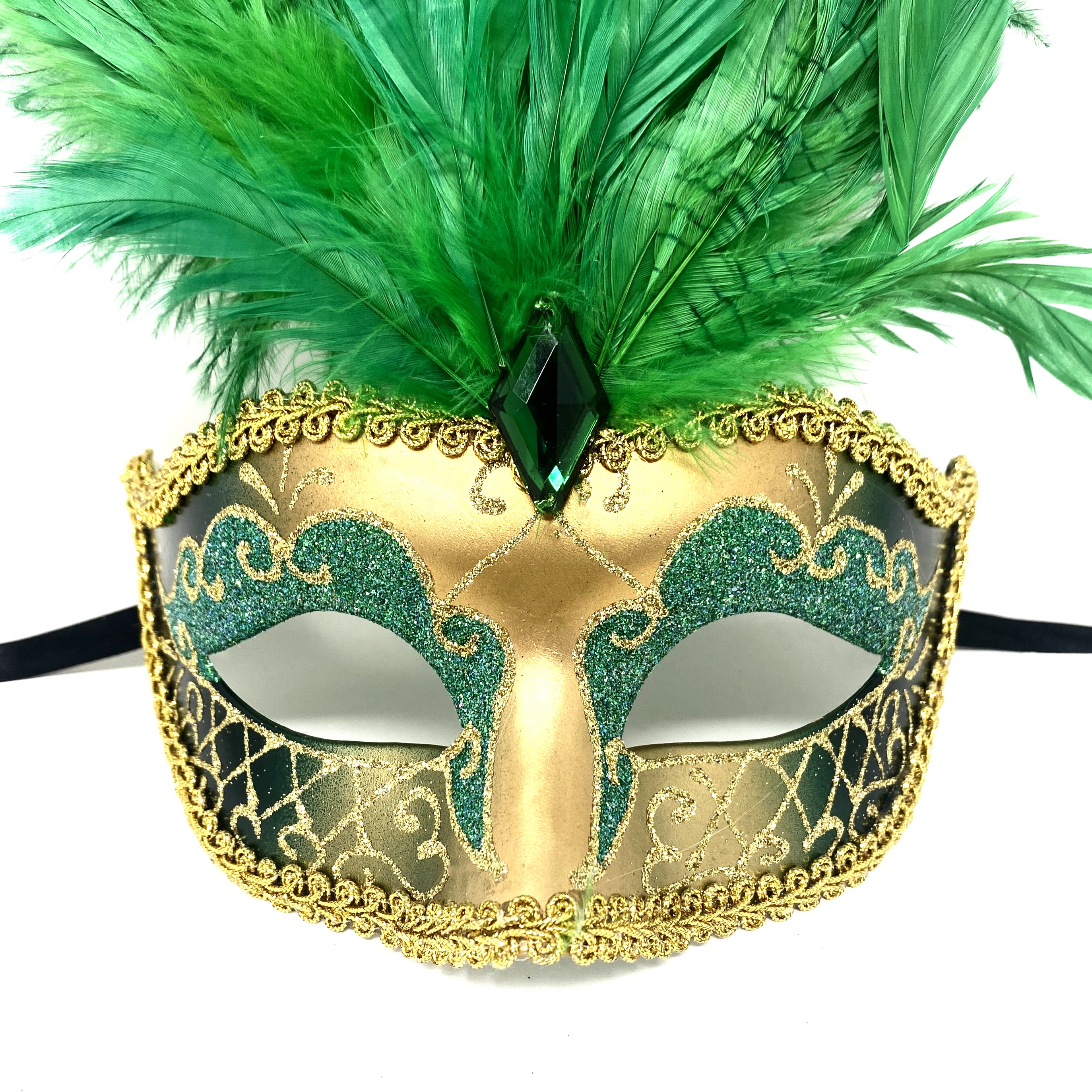 Women Feather Masquerade Party Mask For Mardi Gras , Halloween - Green & gold