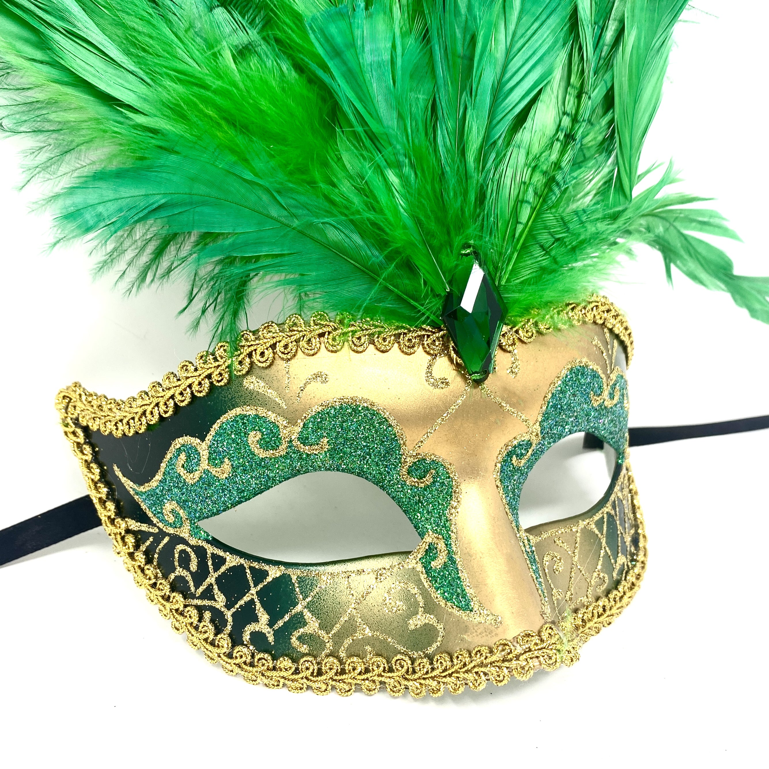 Women Feather Masquerade Party Mask For Mardi Gras , Halloween - Green & gold